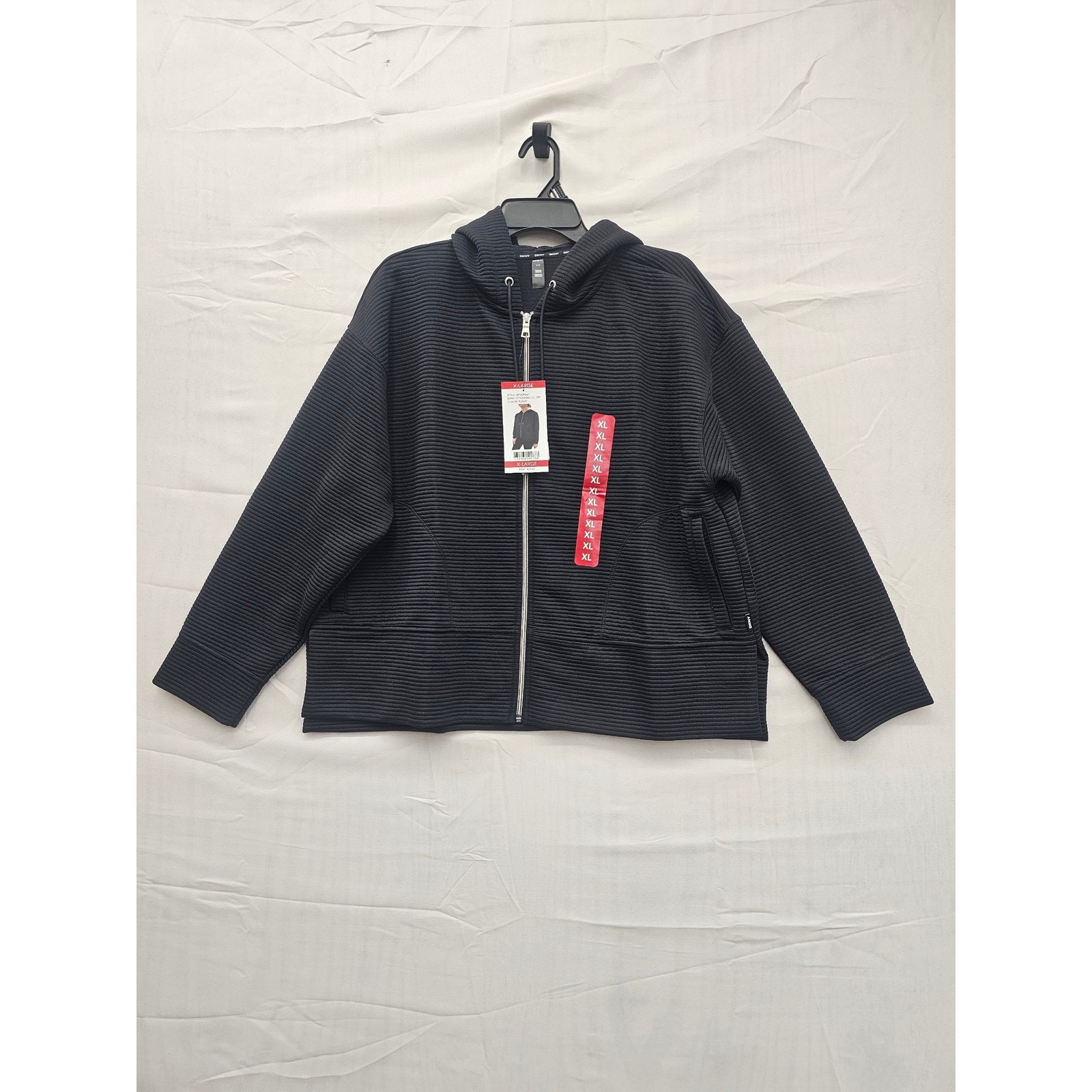 DKNY Sport Ottoman Full Zip Hoodie Black Textured Ribbed Sweatshirt DPMJ9667 XL