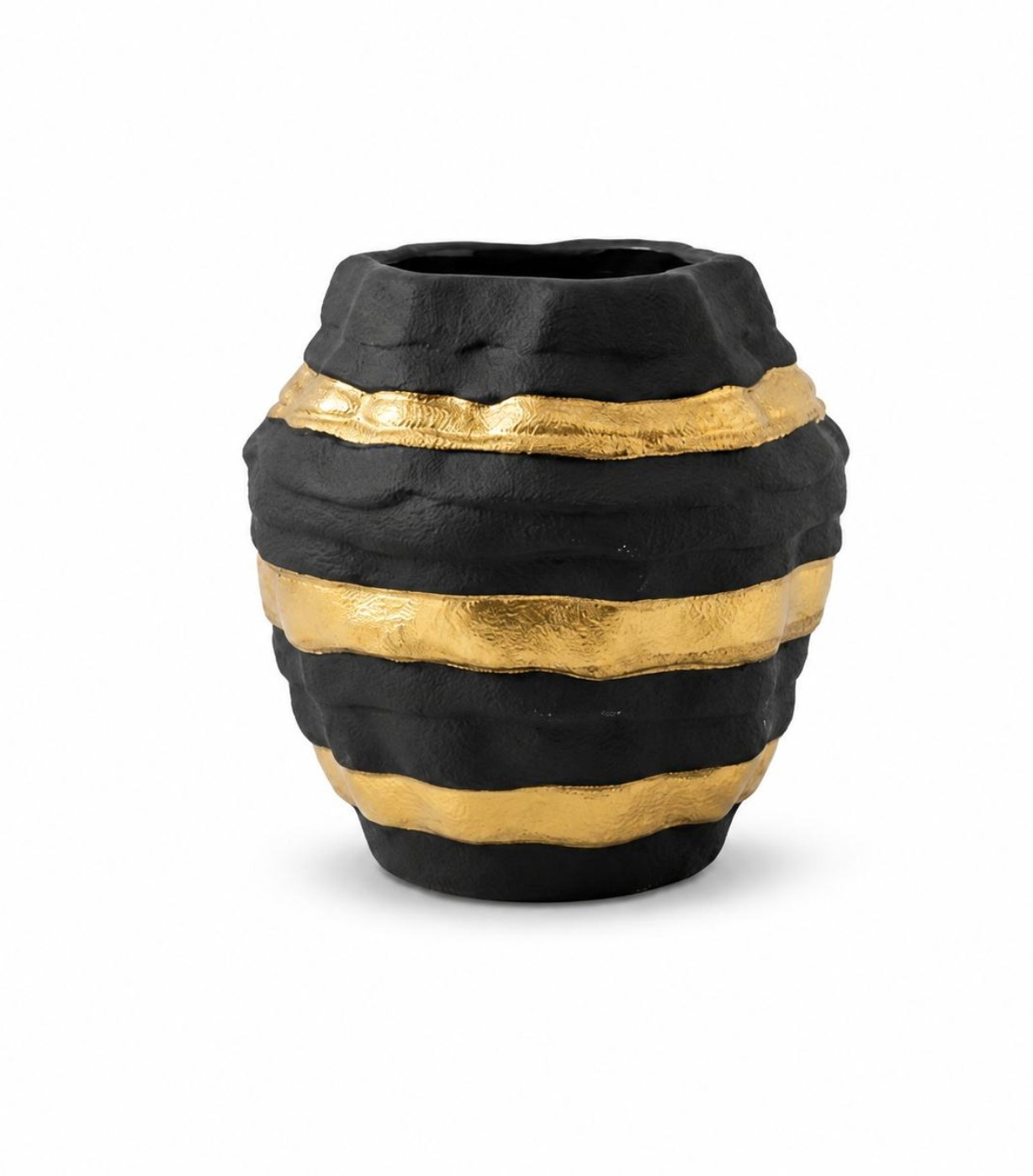 Art Deco Black and Gold Round Ceramic Tabletop Vase with Textured Finish