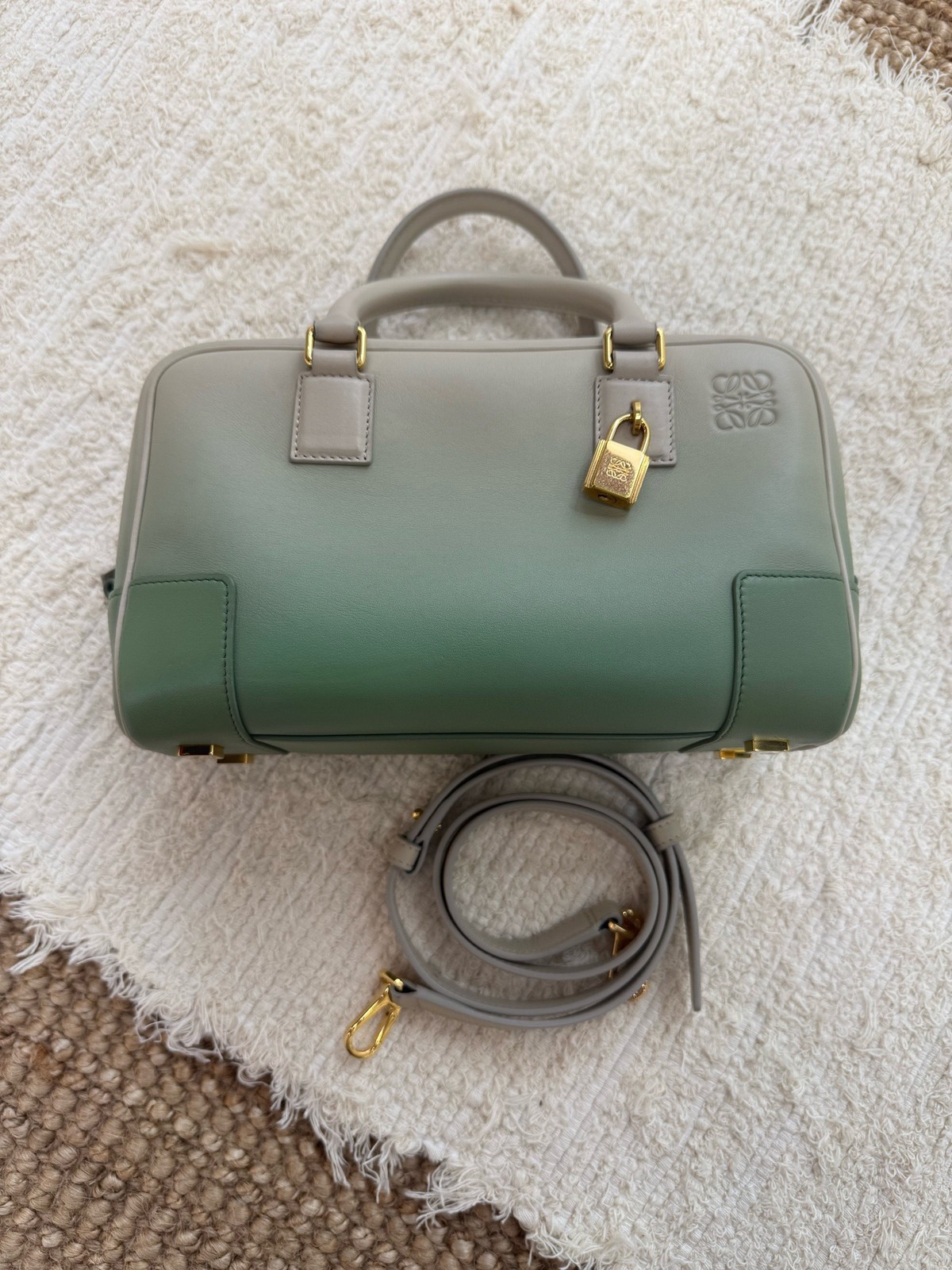 AUTH Loewe Amazona Green Gradient Calfskin Leather Gold Hardware Top Handle Bag