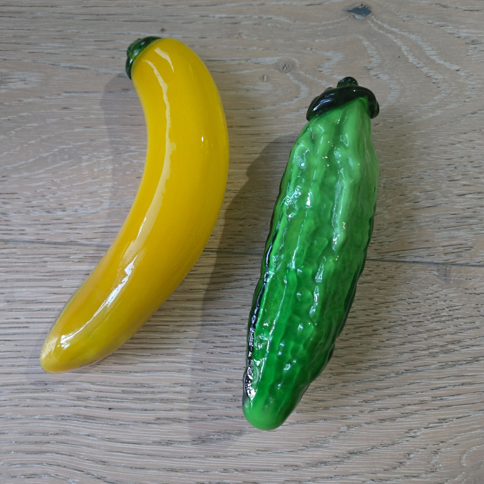 Set Of 2 Vintage Hand Blown Glass Murano Style Yellow Banana & Cucumber Art Deco Set Of 2 Vintage Hand Blown Glass Murano Style Yellow Banana & Cucumber Art Deco