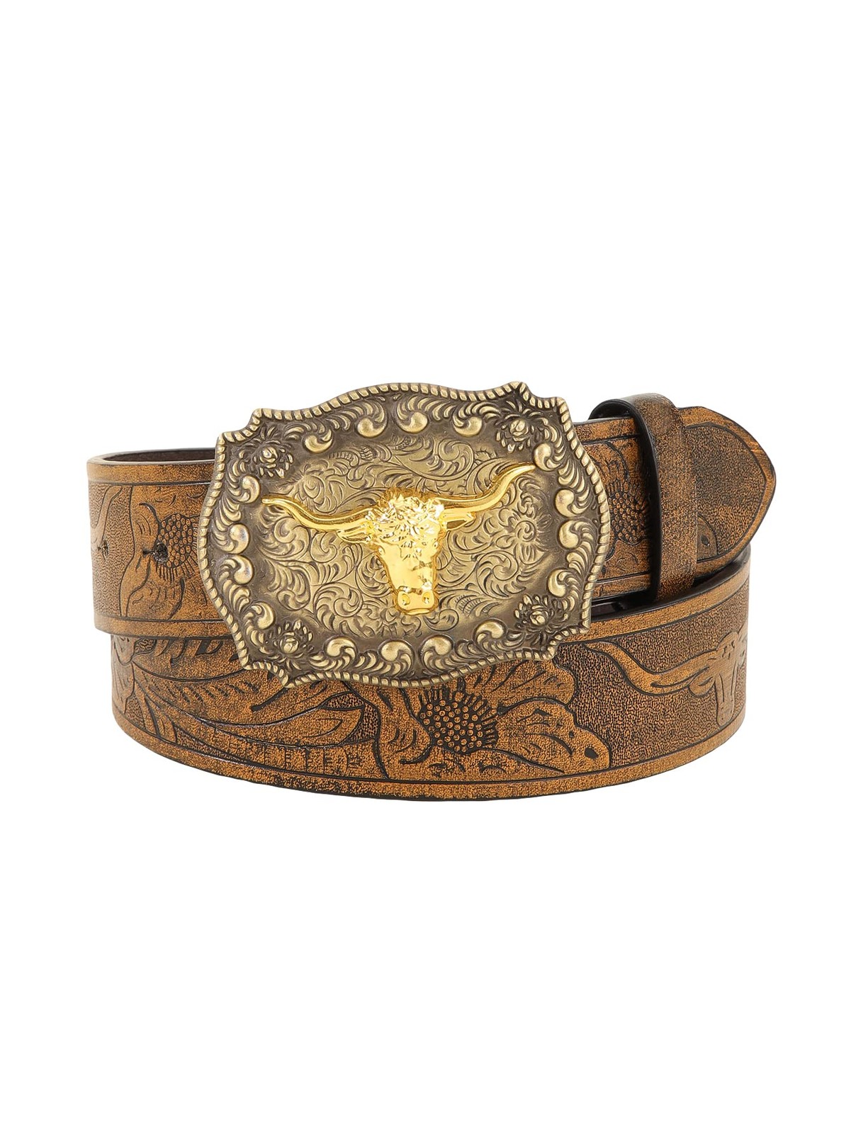 Verdusa Women\'s Vintage Western Leather Buckle Belt Yellow Brown Cattle 100