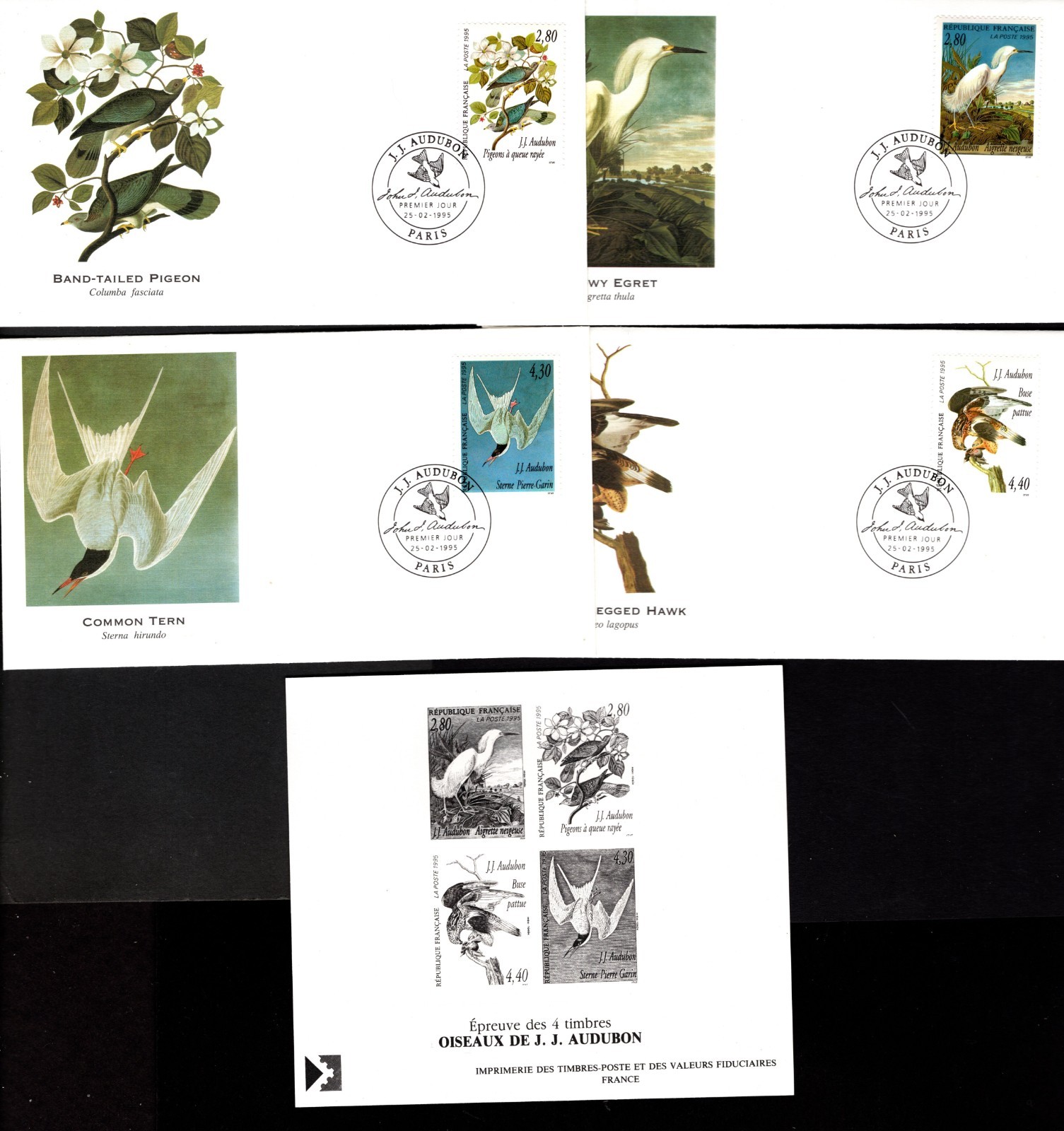 1995 France Sc #2462-2465 J.J. Audubon Birds on Cacheted FDCs + Non-Postal Proof 1995 France Sc #2462-2465 J.J. Audubon Birds on Cacheted FDCs + Non-Postal Proof