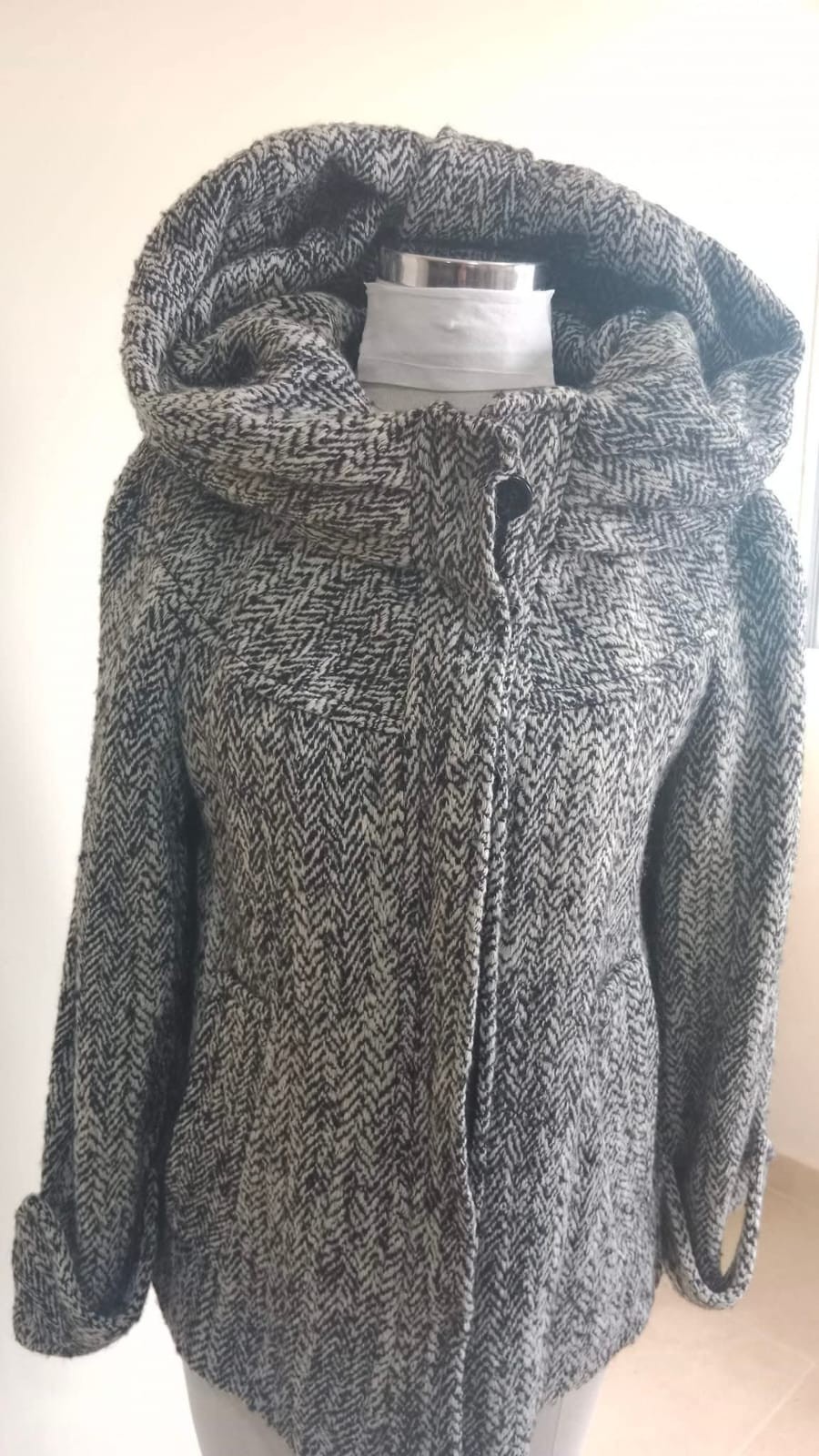 ZARA BASIC Womens Herringbone Tweed Hooded Jacket Coat Grey White Size XL