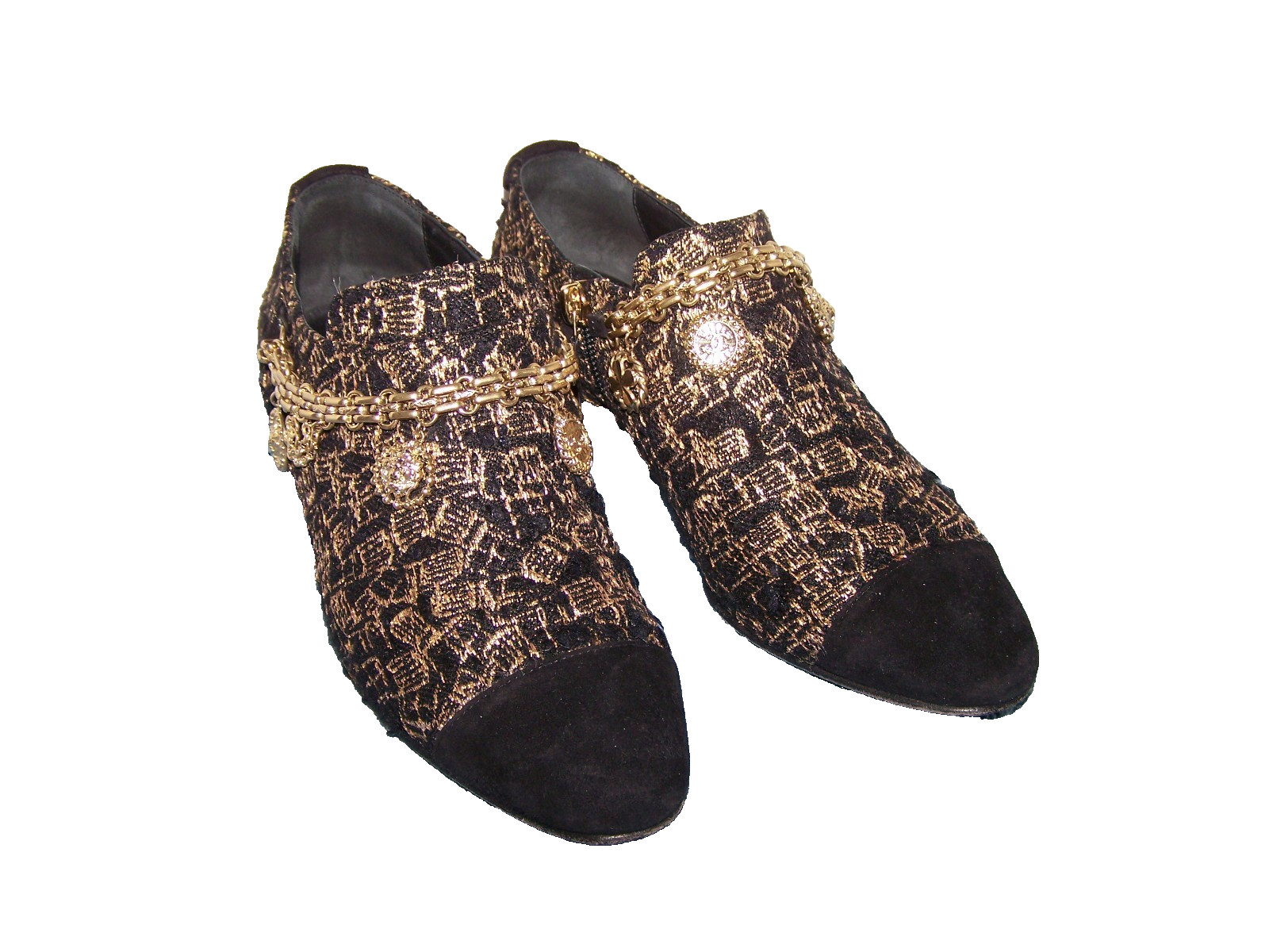 CHANEL Gold and Black Tweed Ankle Boots Shoes w/ Logo Charms Size 36 C Italy