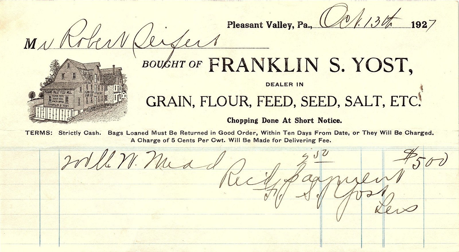1927 Franklin S. Yost Pleasant Valley PA Grain Mill Billhead 1927 Franklin S. Yost Pleasant Valley PA Grain Mill Billhead