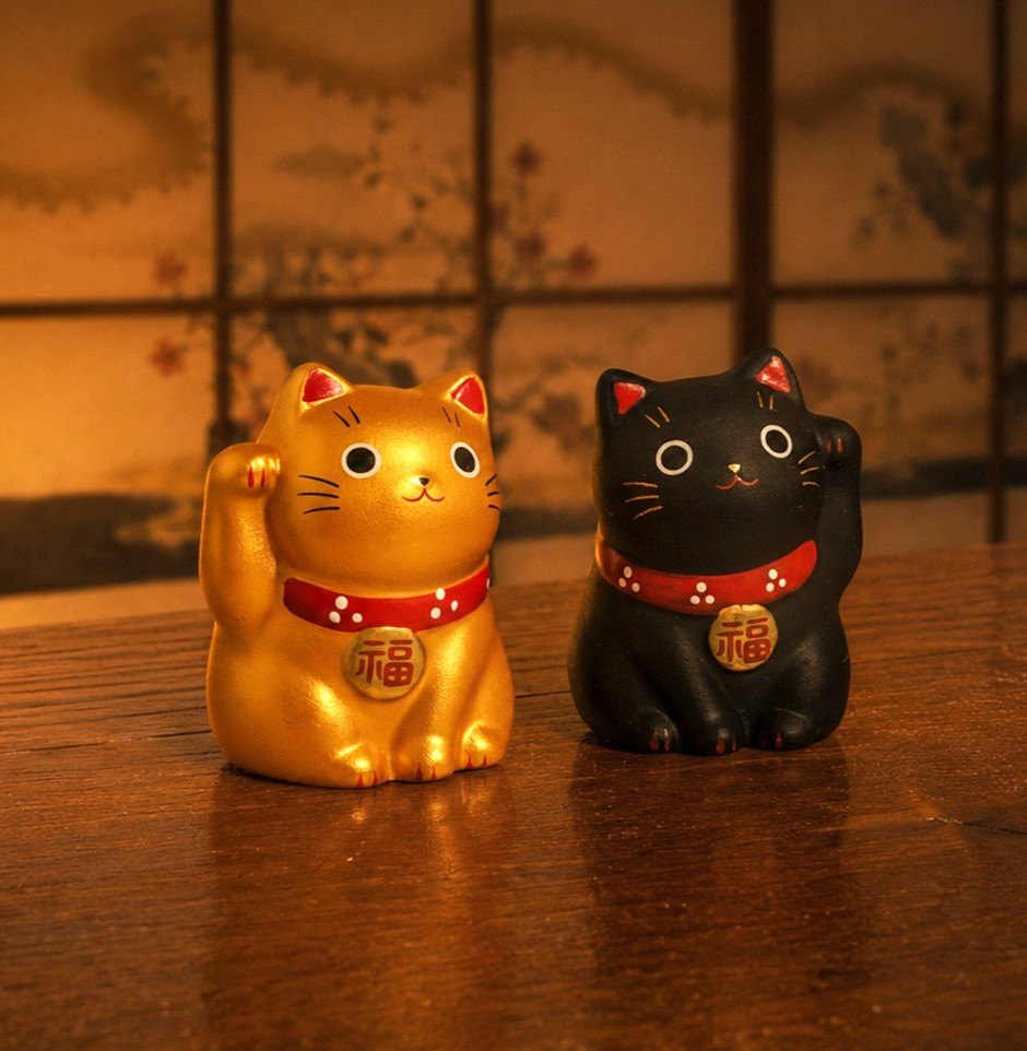 Japanese Lucky Cat Black & Gold Set Feng Shui Maneki Neko Figurine Yakushigama