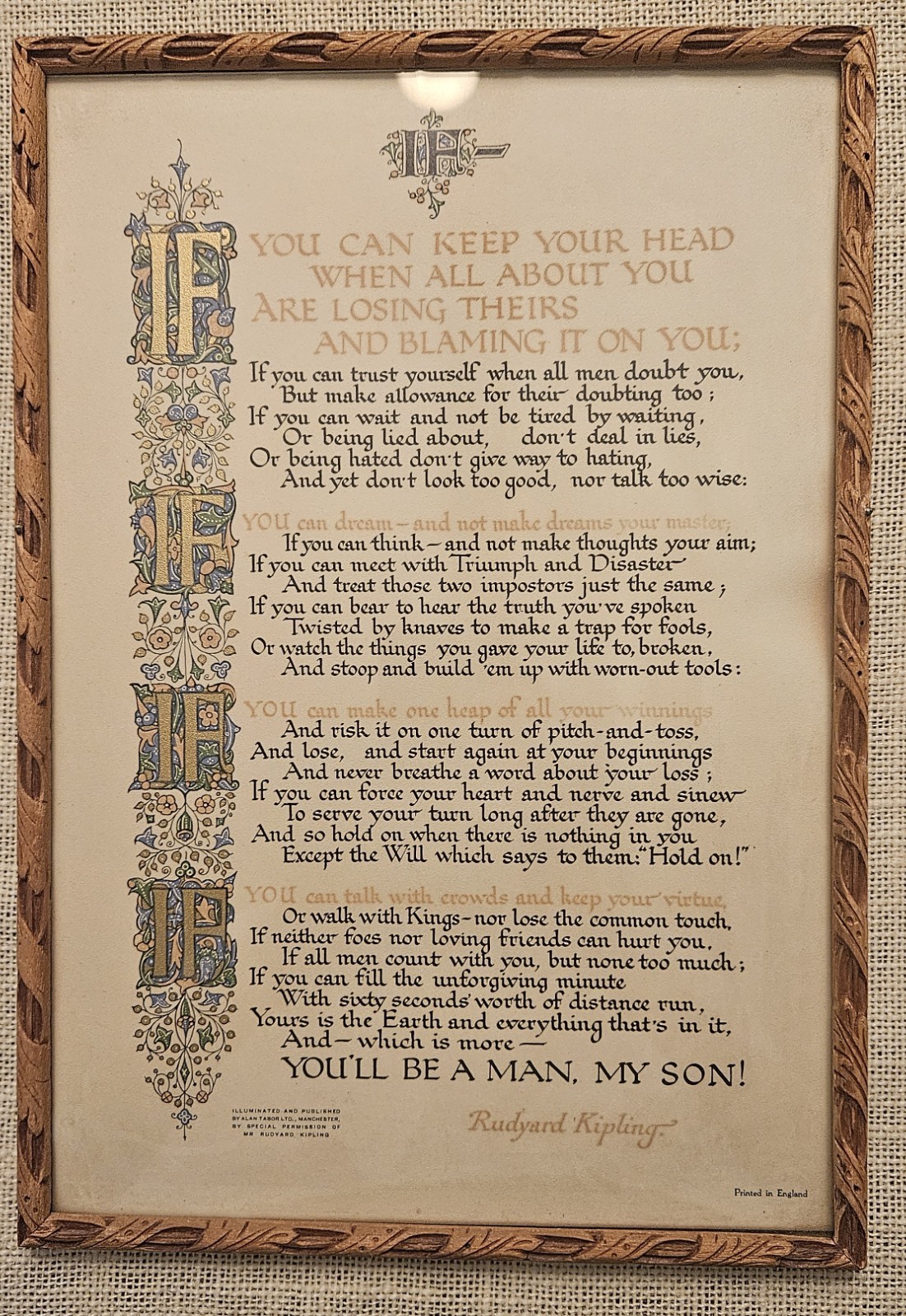 Vintage Rudyard Kipling IF Poem Framed Print Alan Tabor Illuminated Art 9x13