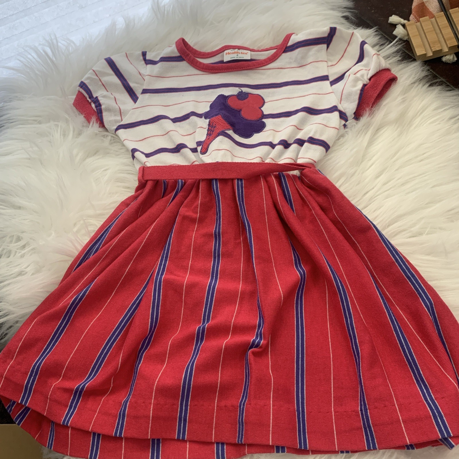 Vintage 80s Health-tex Girls Striped Ice Cream Dress Sz 4 adjustable tie belt