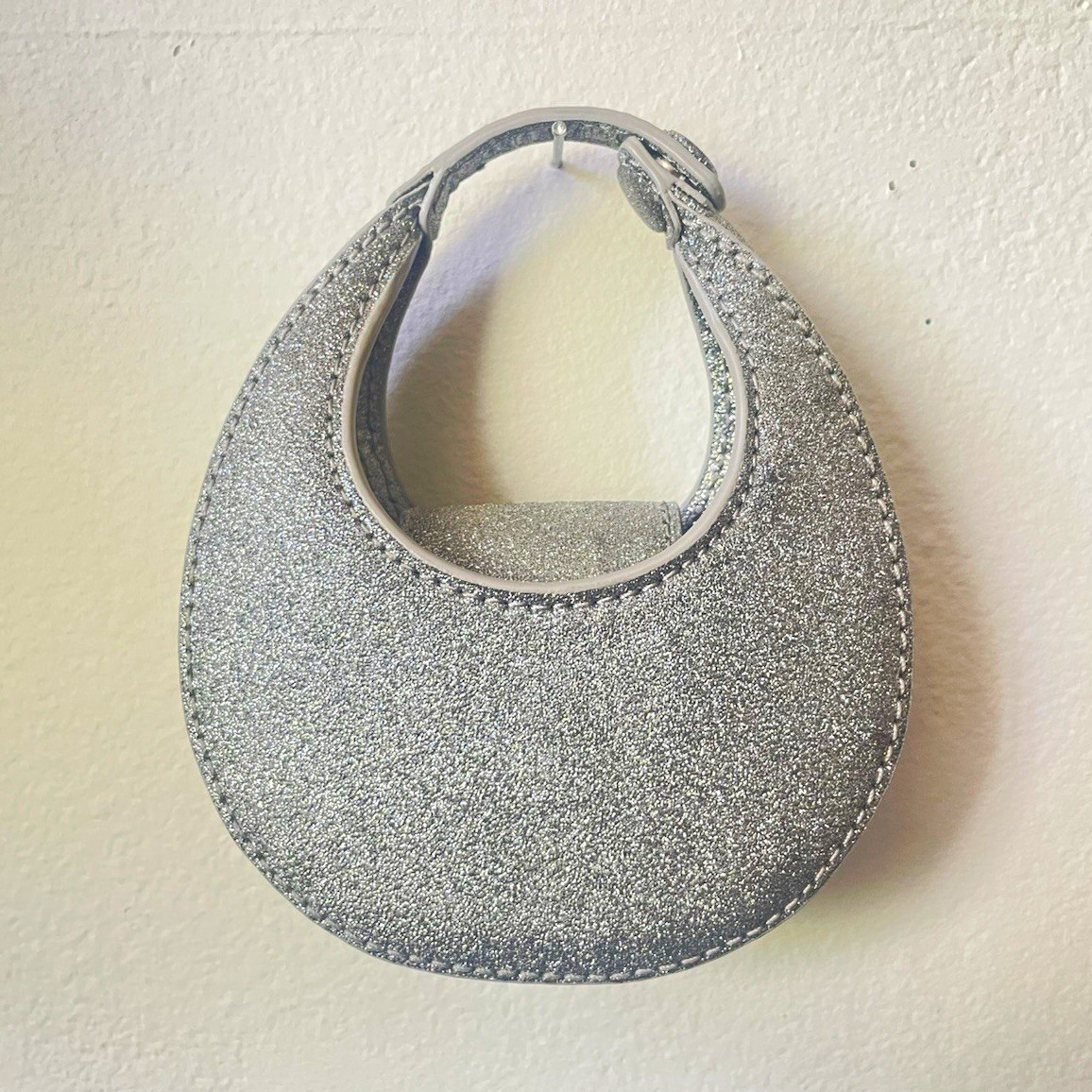 STAUD Silver Glitter Micro Moon Bag