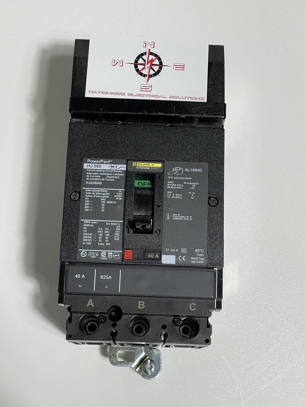 Square D HJA36040 Power Pact 40A I-Line Circuit Breaker 3P 600V