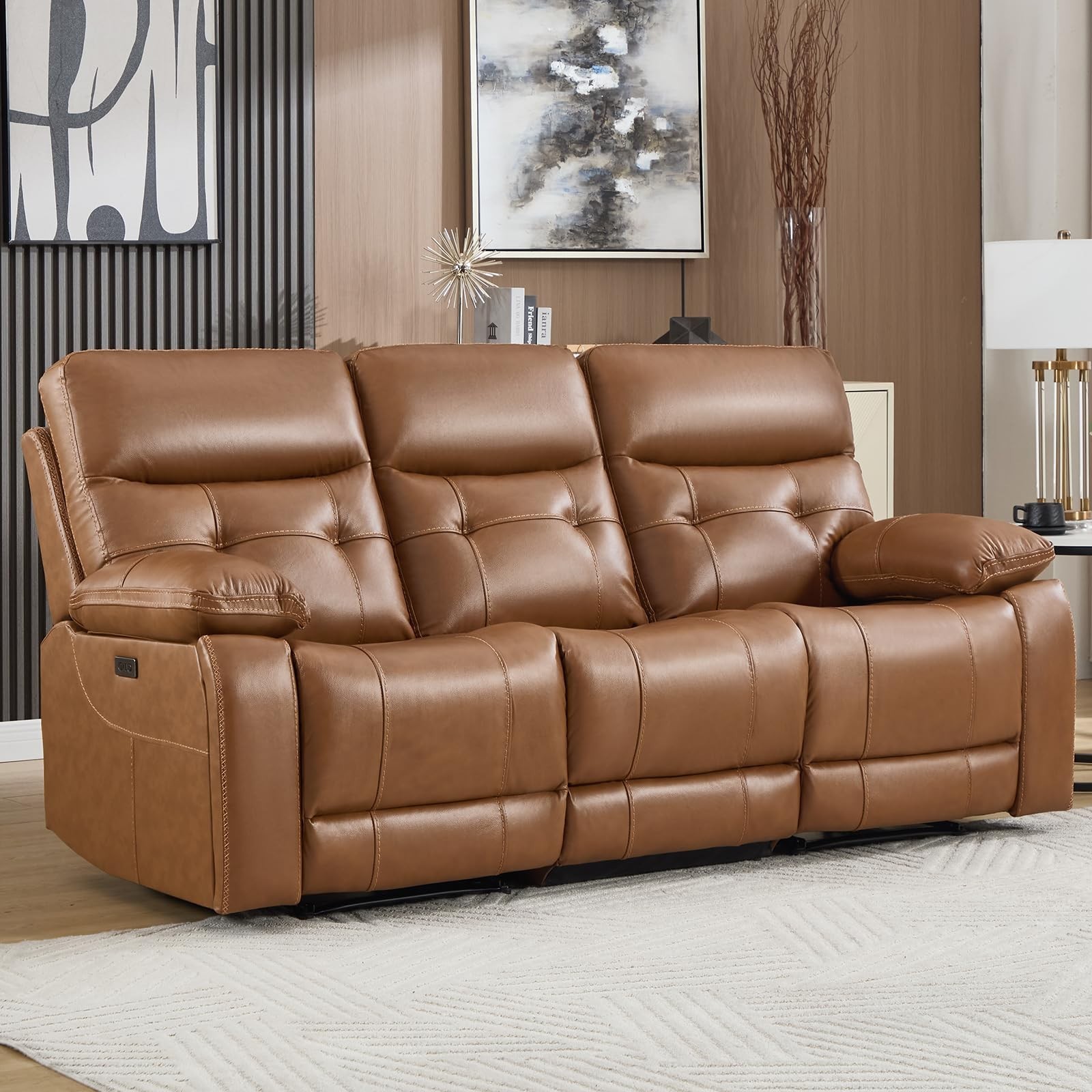 Canmov Genuine Leather Power Recliner Sofa,3 Seater Electric Reclining Couch Set
