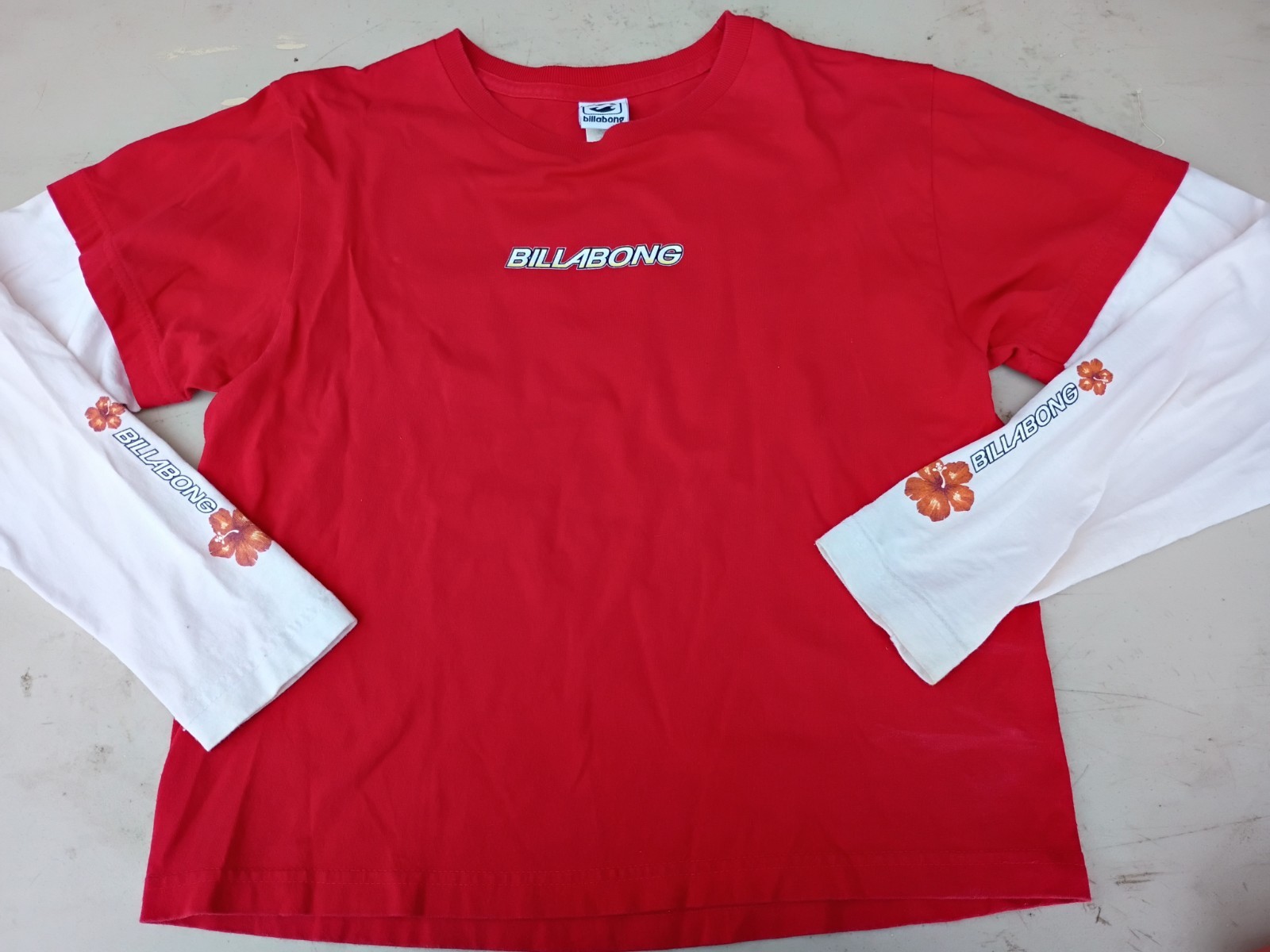 Vintage Billabong Youth Large Double Sleeve Shirt Red White Hibiscus Y2K Surf Vintage Billabong Youth Large Double Sleeve Shirt Red White Hibiscus Y2K Surf