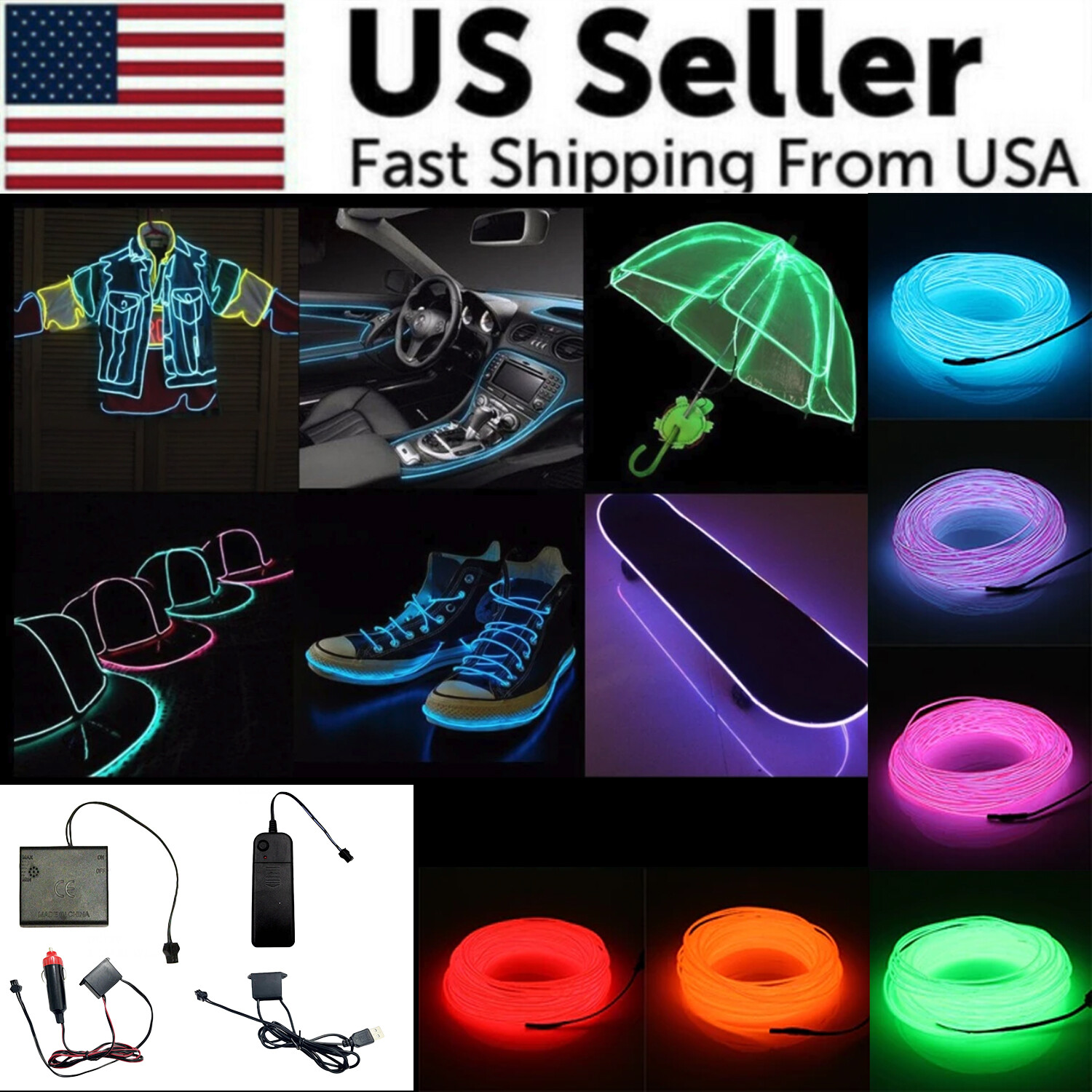 Neon LED Light Glow EL Wire String Strip Rope Tube Decor Car Party + Controller Neon LED Light Glow EL Wire String Strip Rope Tube Decor Car Party + Controller