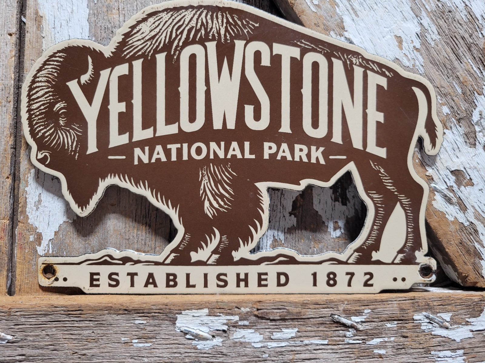 VINTAGE YELLOWSTONE NATIONAL PARK PORCELAIN SIGN RARE OLD BISON BUFFALO HIKE CAM