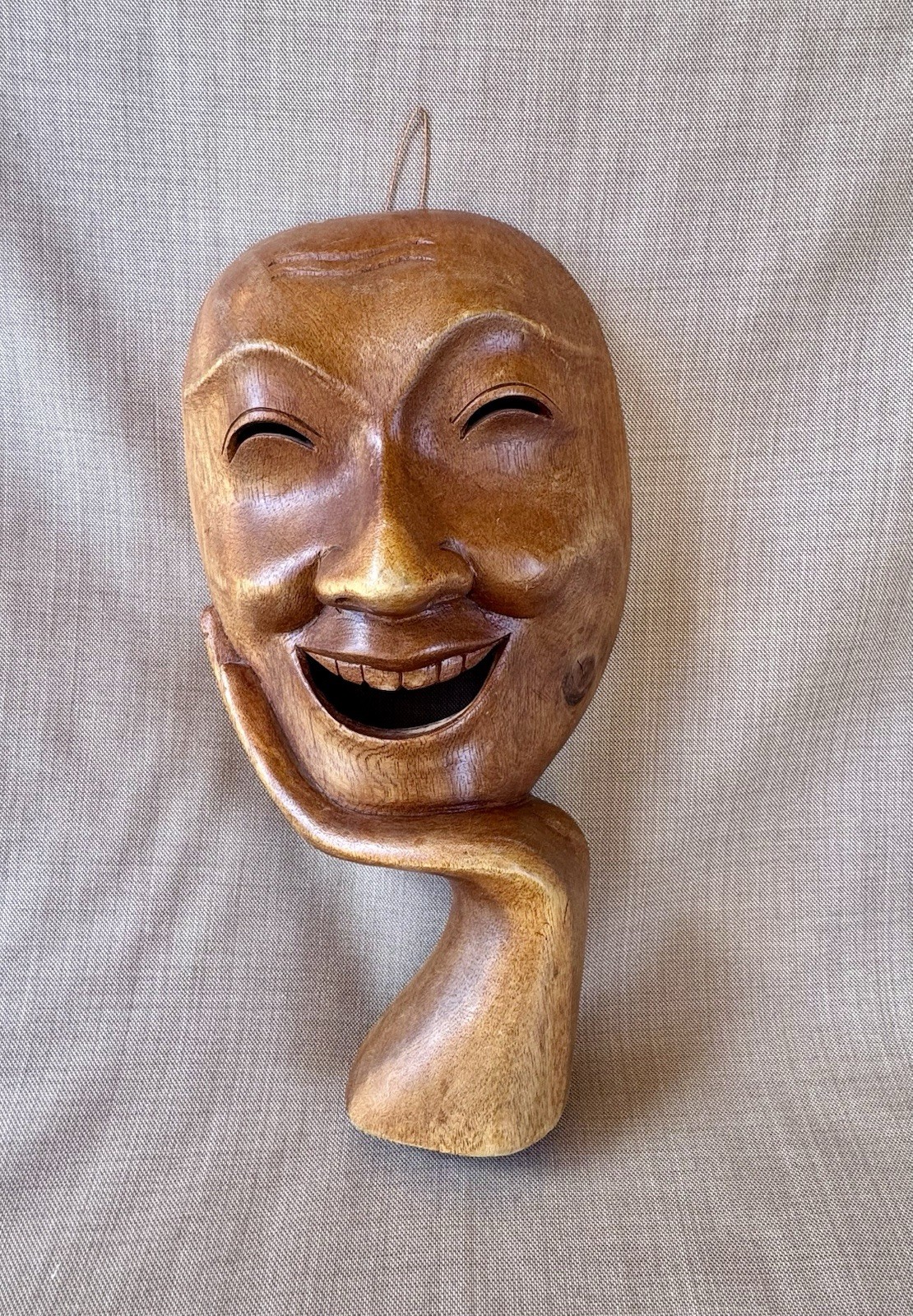 Vintage Carved Wooden Smiling Face Mask Hand Under Chin Wall Art 9.5 Inch