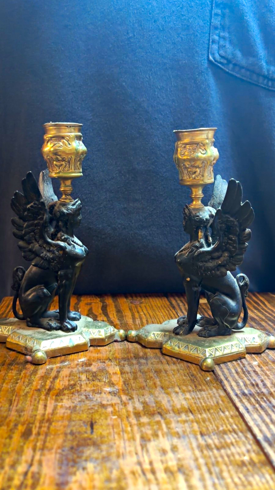 G Antique 19th century pair Of  Egyptian Revival Winged Sphinx Candlestick