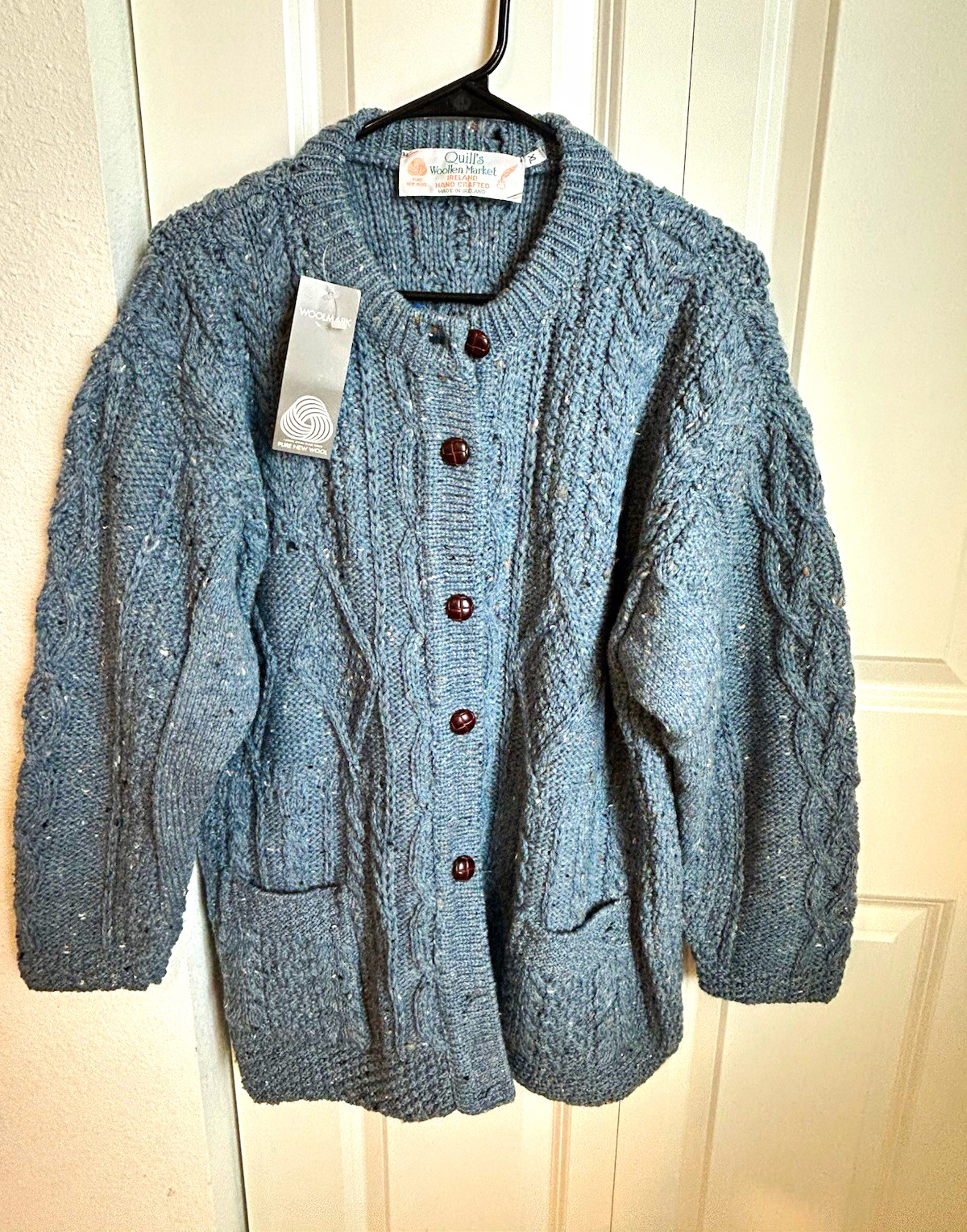 Quill\'s Woollen Market Blue Cable-Knit Button V-Neck Cardigan w/ Pockets L/XL
