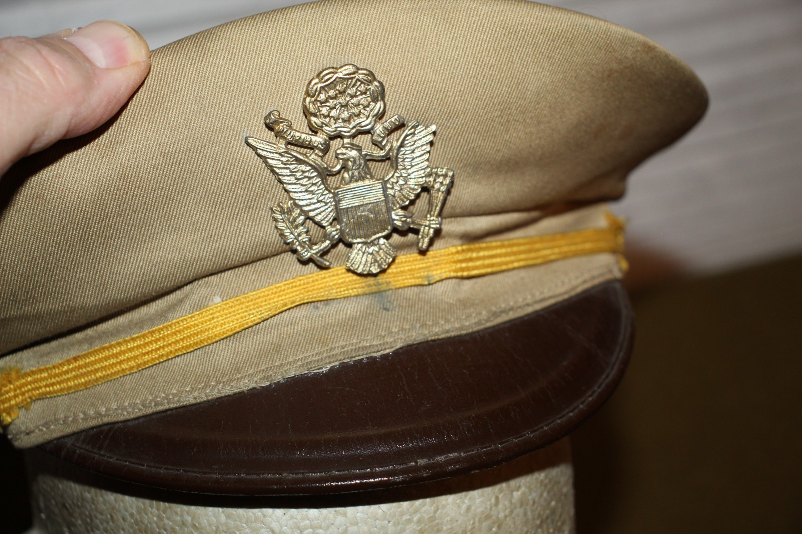 Original WW2 U.S. Army Khaki Officers (Child\'s) Visor Cap w/Metal Badge Original WW2 U.S. Army Khaki Officers (Child\'s) Visor Cap w/Metal Badge