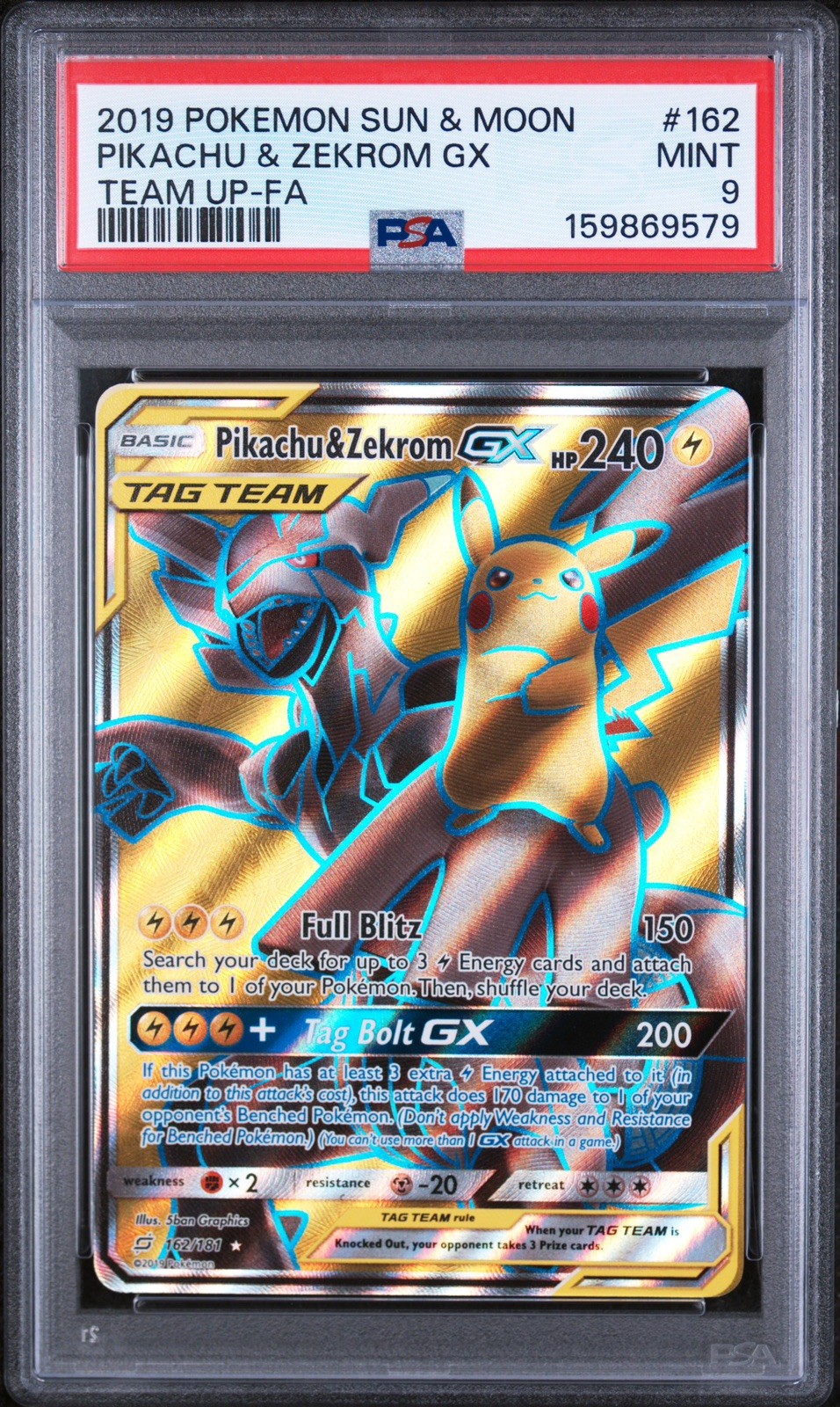 2019 POKEMON SUN & MOON TEAM UP #162 FULL ART/PIKACHU & ZEKROM GX PSA 9