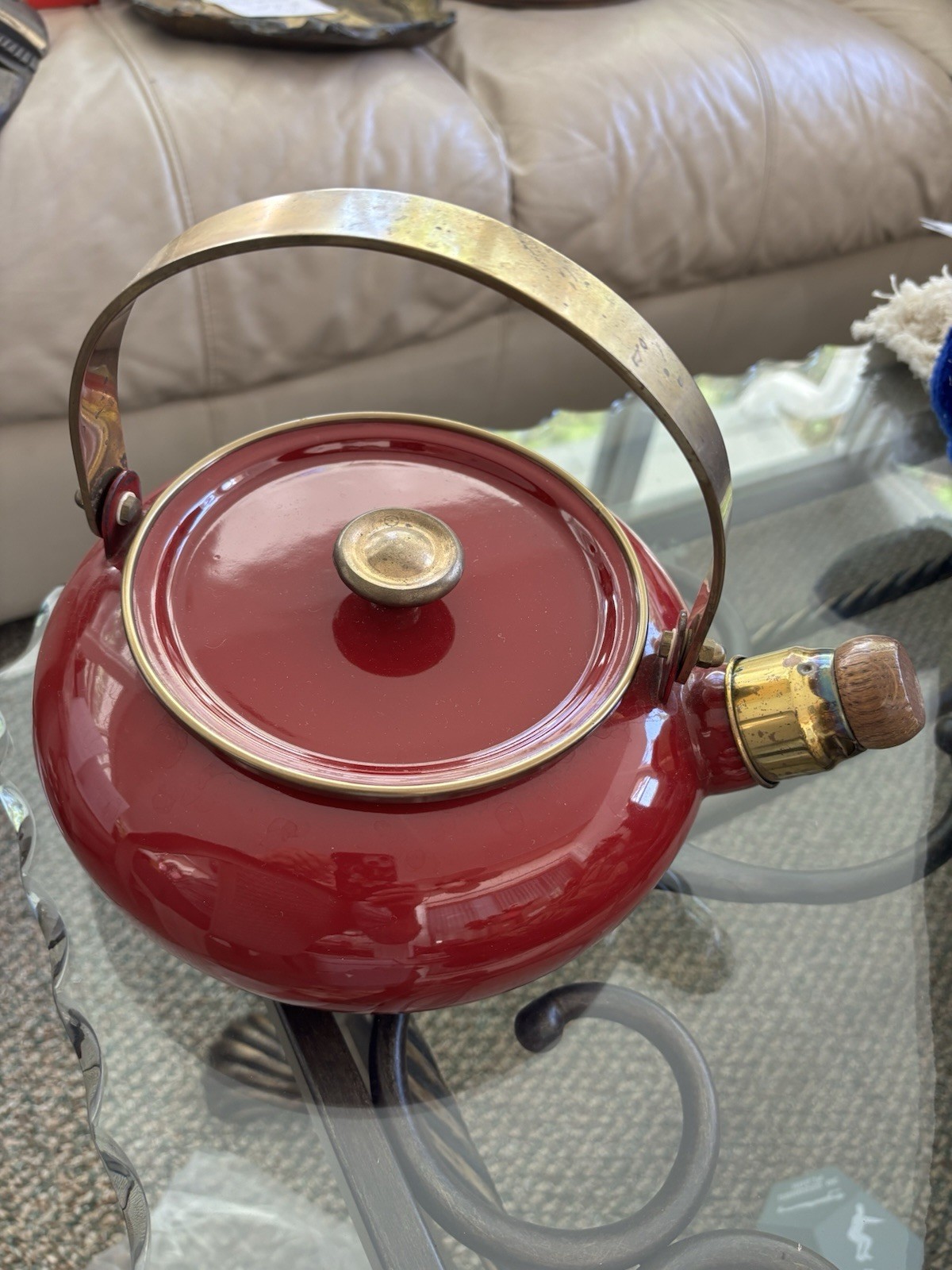 Vintage Hey any Lavar Stovetop Kettle Made In Norway Red Enamel With Brass Handl Vintage Hey any Lavar Stovetop Kettle Made In Norway Red Enamel With Brass Handl