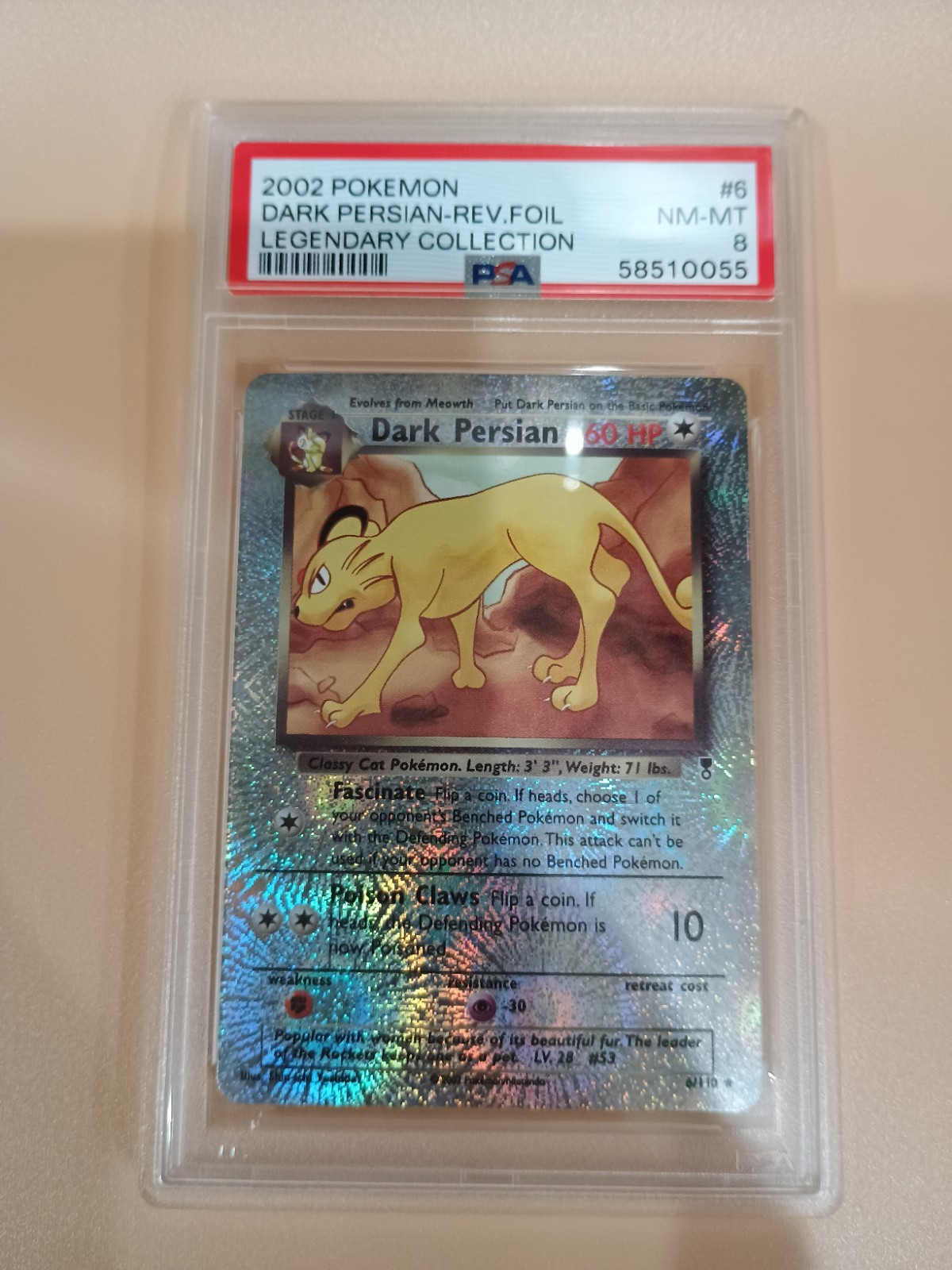 Dark Persian Reverse Foil Holo #6 2002 Pokemon Legendary Collection PSA 8