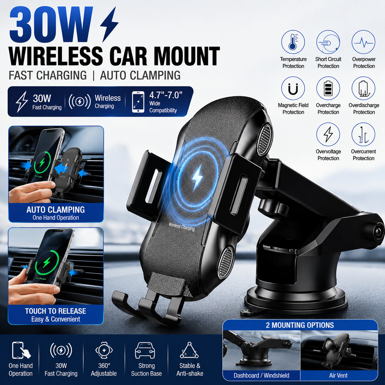 30W Wireless Charger Fast Charging Automatic Clamping Car Mount Phone Holder US