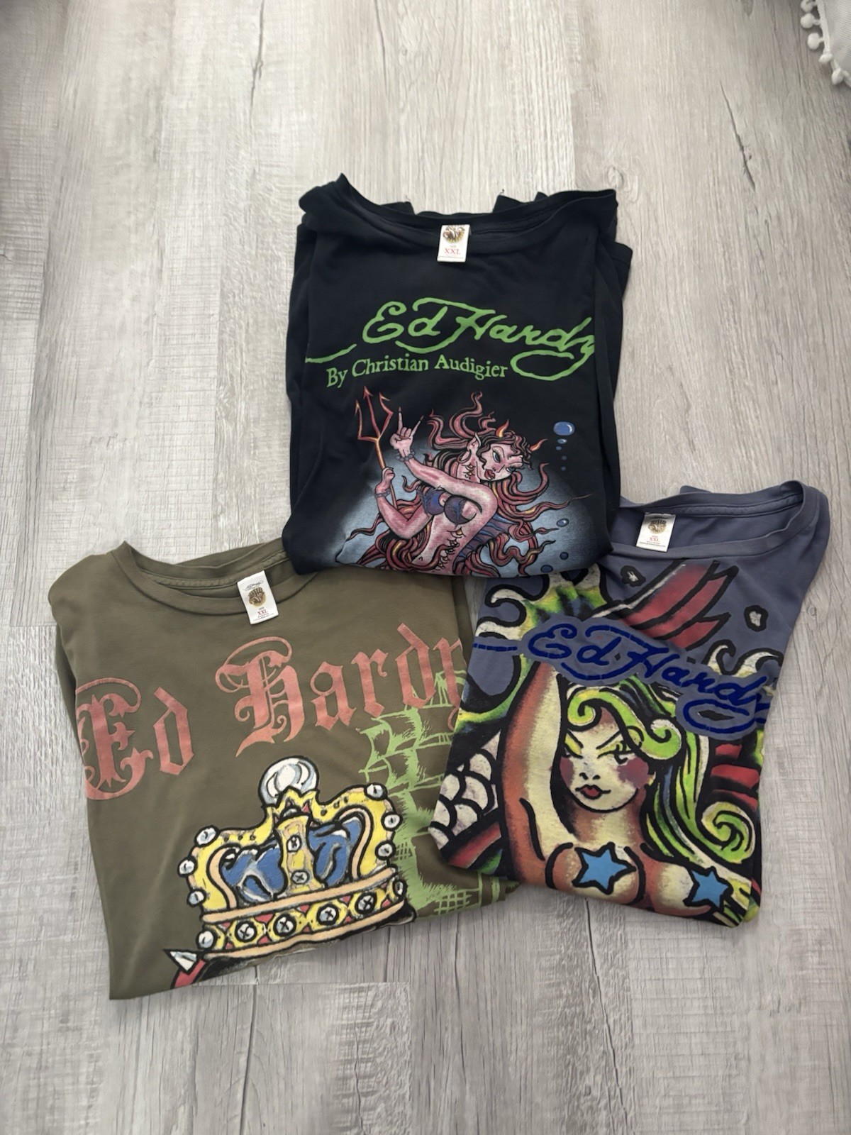 RARE Vtg Ed Hardy Mermaid All Over Print T-Shirt 3Pc Bundle Lot Shirt XXL 