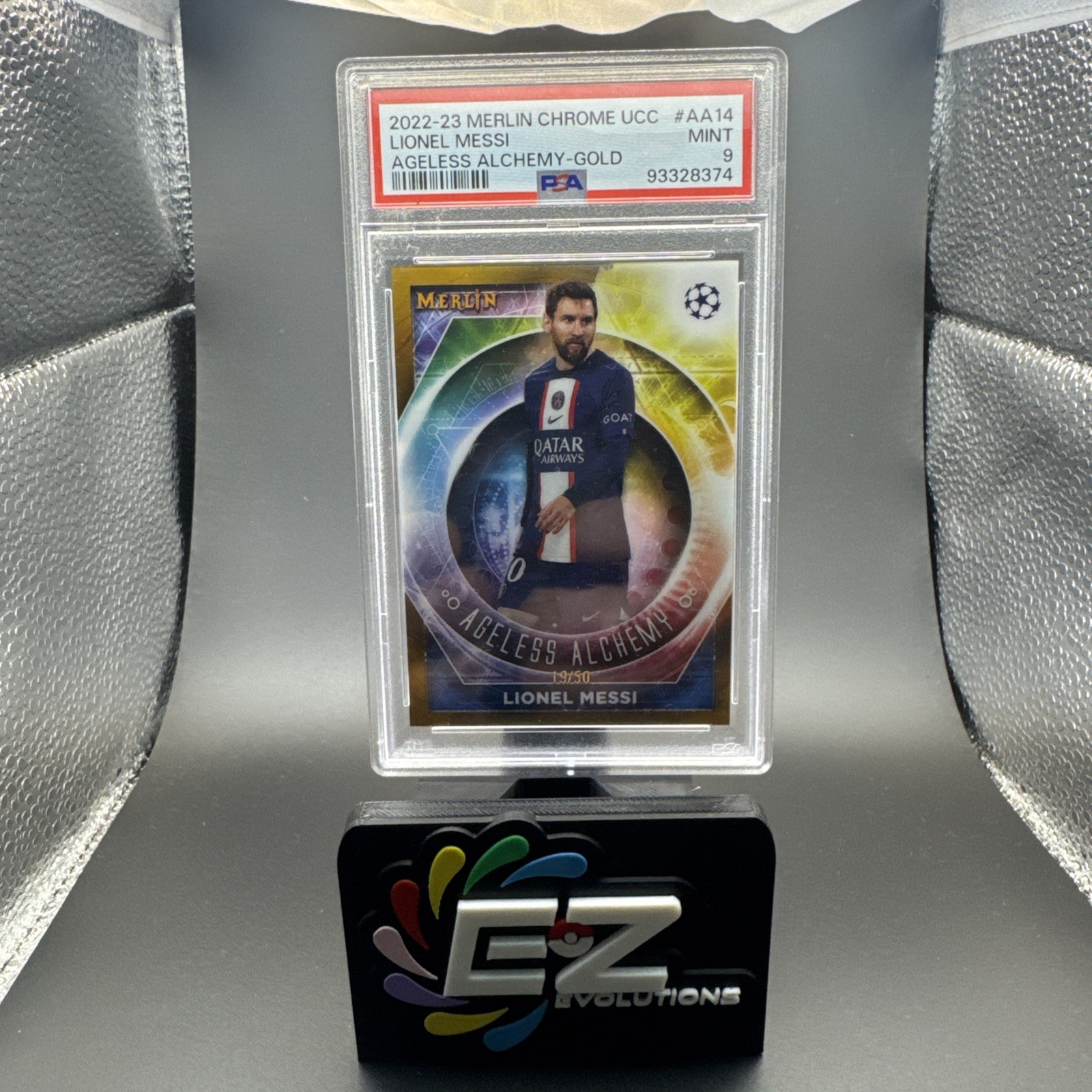 2022-23 Topps Merlin Chrome UEFA Ageless Alchemy Lionel Messi Gold Ref /50 PSA 9 2022-23 Topps Merlin Chrome UEFA Ageless Alchemy Lionel Messi Gold Ref /50 PSA 9