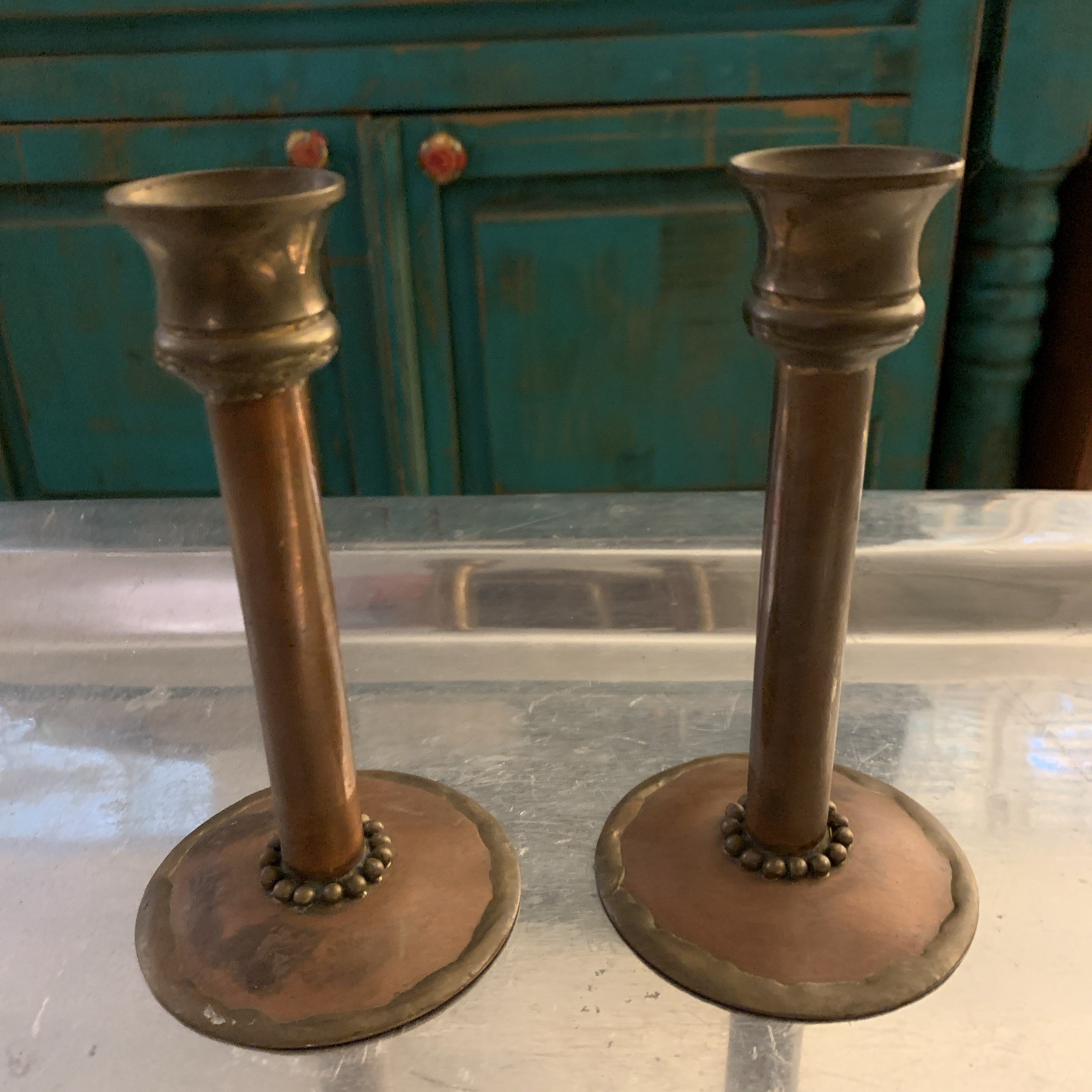 Mission Style Hand Hammered Antique Early American Copper & Brass Candle Holder