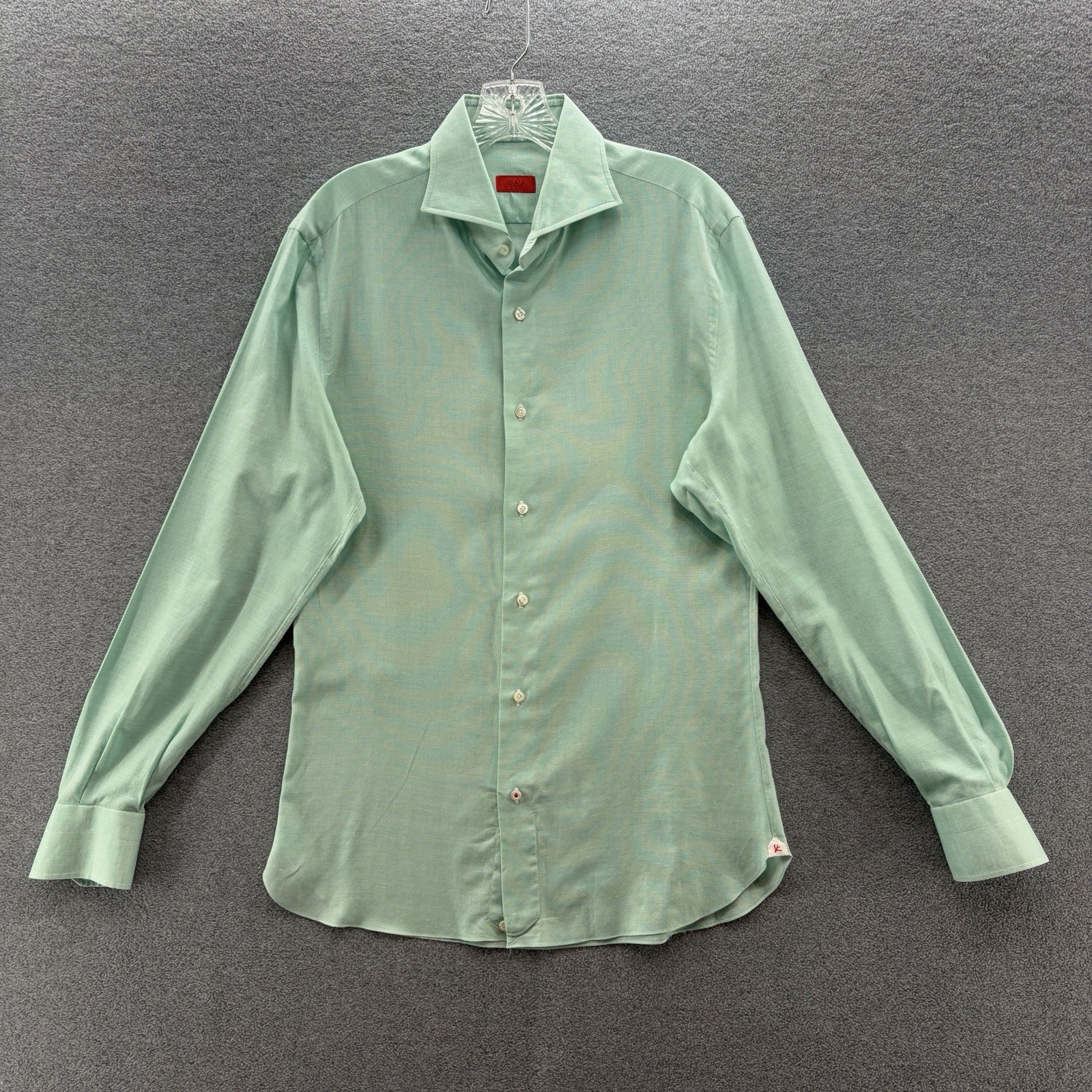 Isaia Napoli Dress Shirt Men 15.5 39 Green Woven Long Sleeve Italy