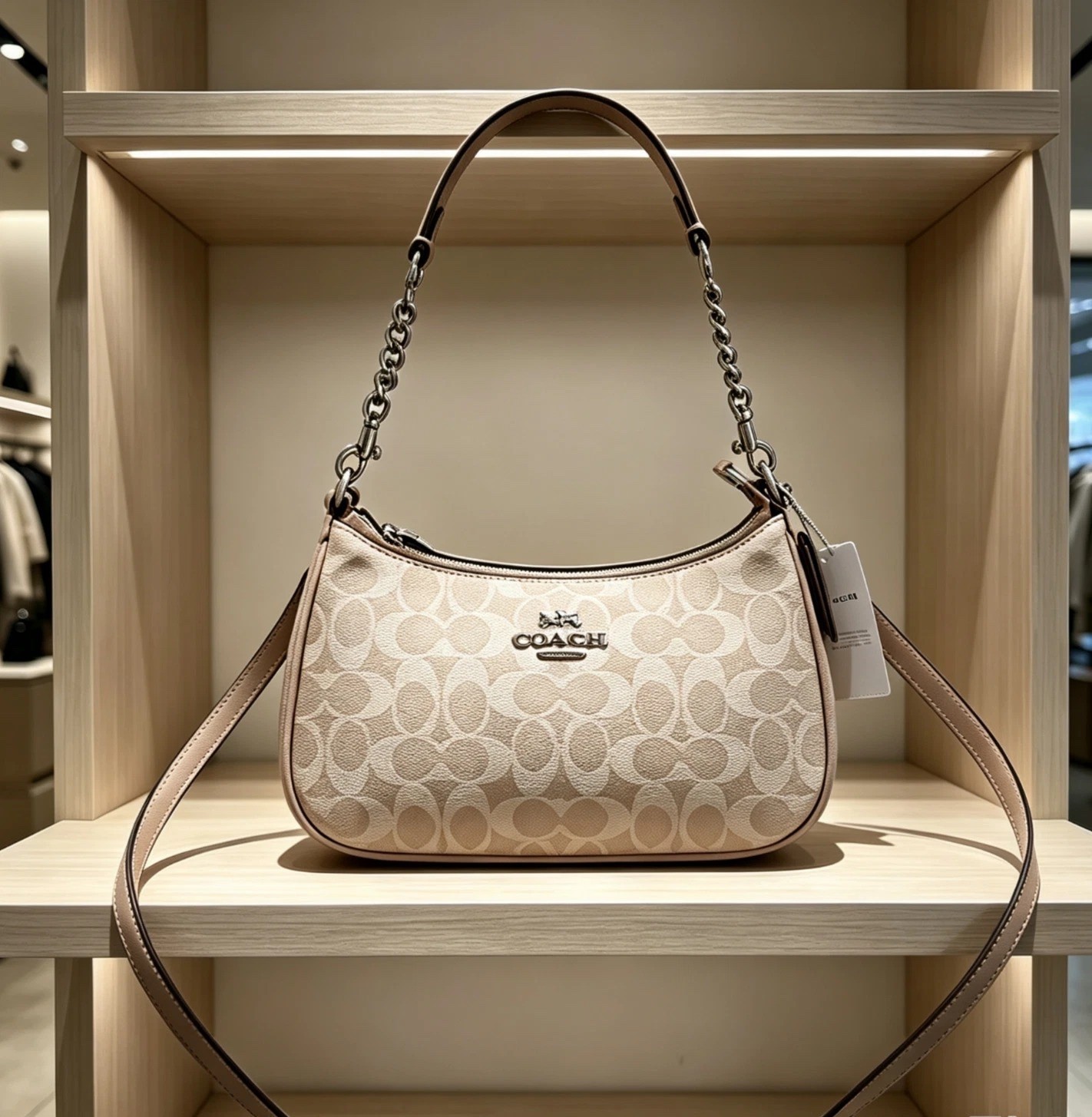 NWT Coach CV933 Teri Shoulder Bag In Signature Canvas Silver /Sand/Taupe