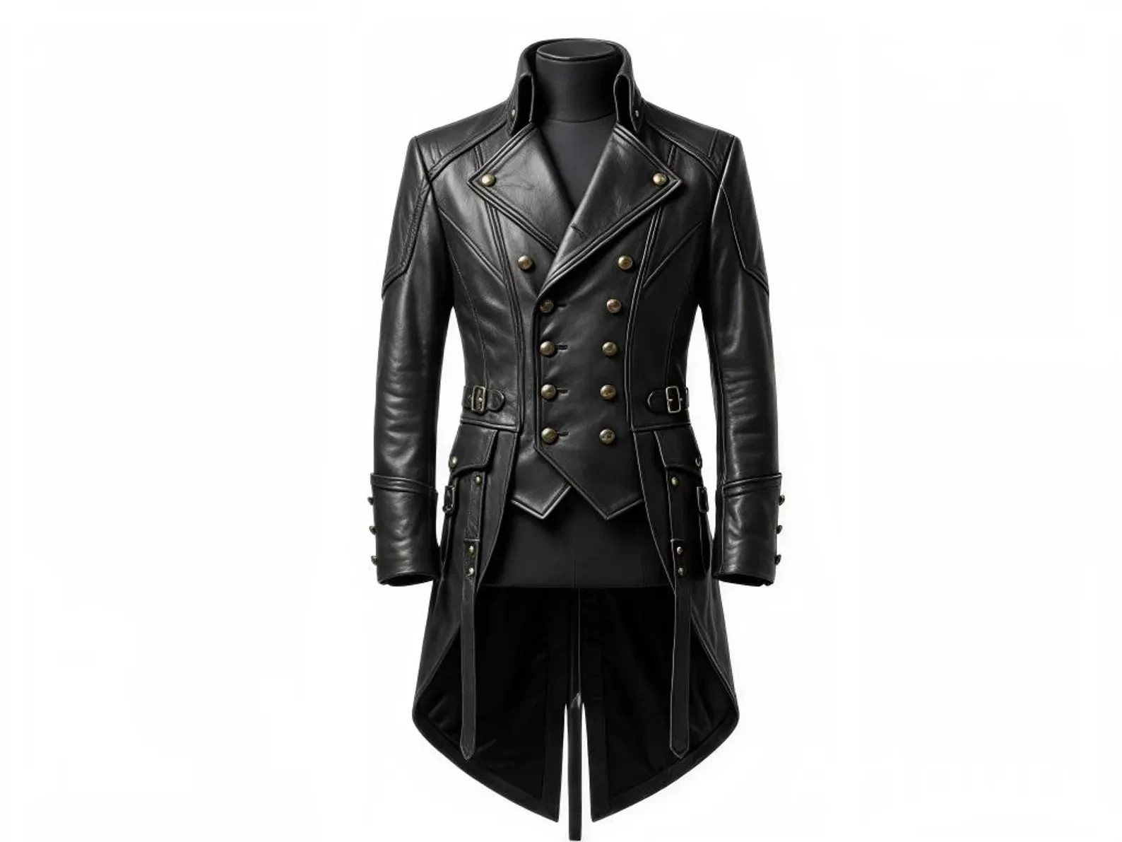 Men\'s Black Gothic Genuine Leather Tailcoat Double Breasted Military Trench Coat