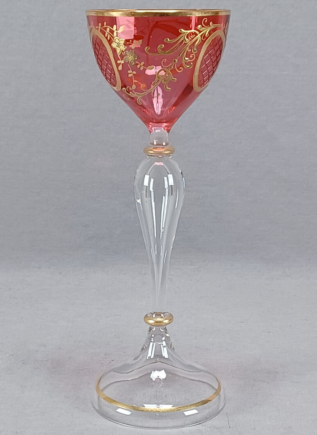Antique Bohemian Raised Gold Floral Scrollwork & Cut Medallion Cranberry Wine A