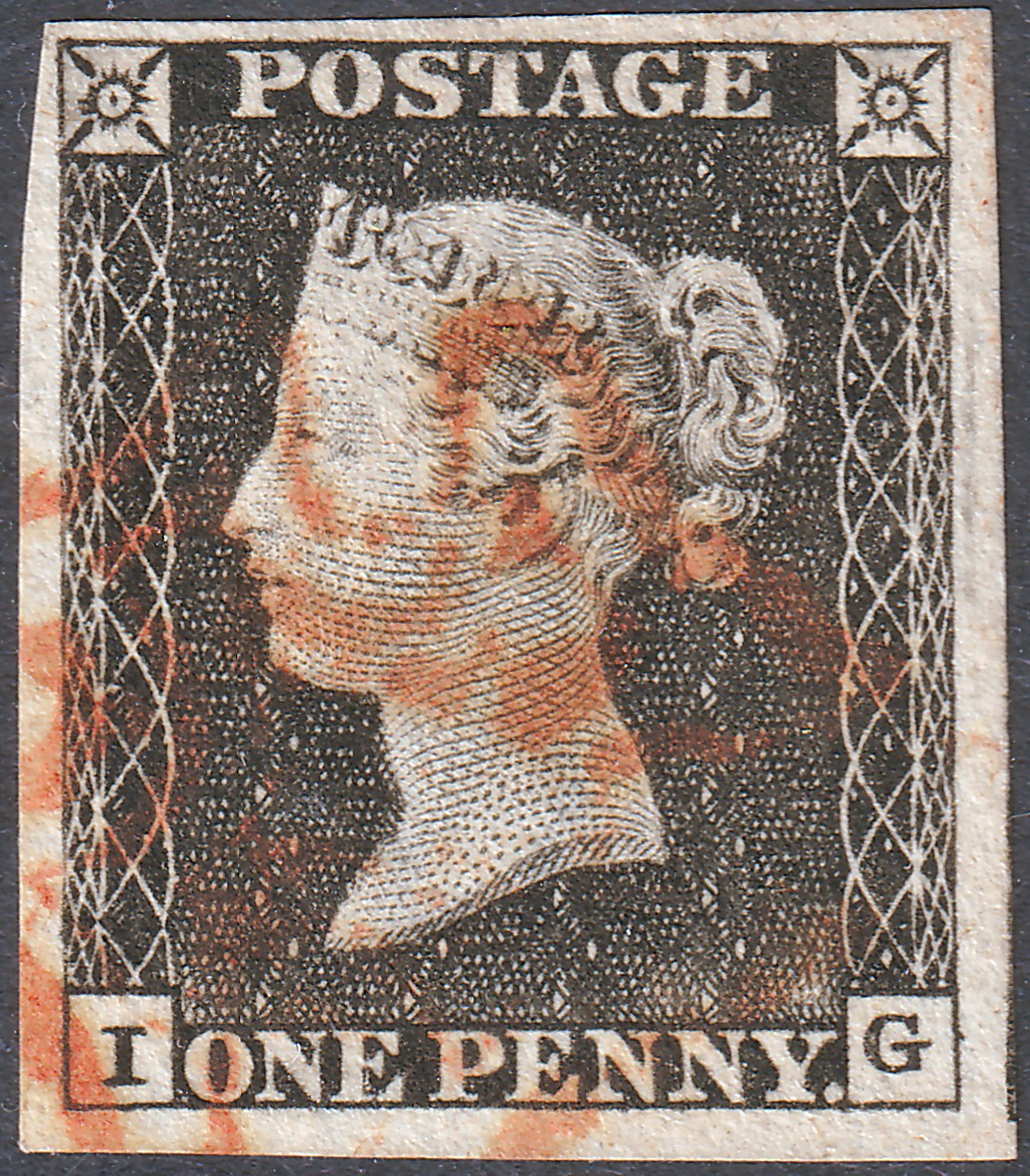 1840 AS2 SG3 1d GREY BLACK PLATE 1a SUPERB USED 4 MARGINS RED MALTESE CROSS (IG)