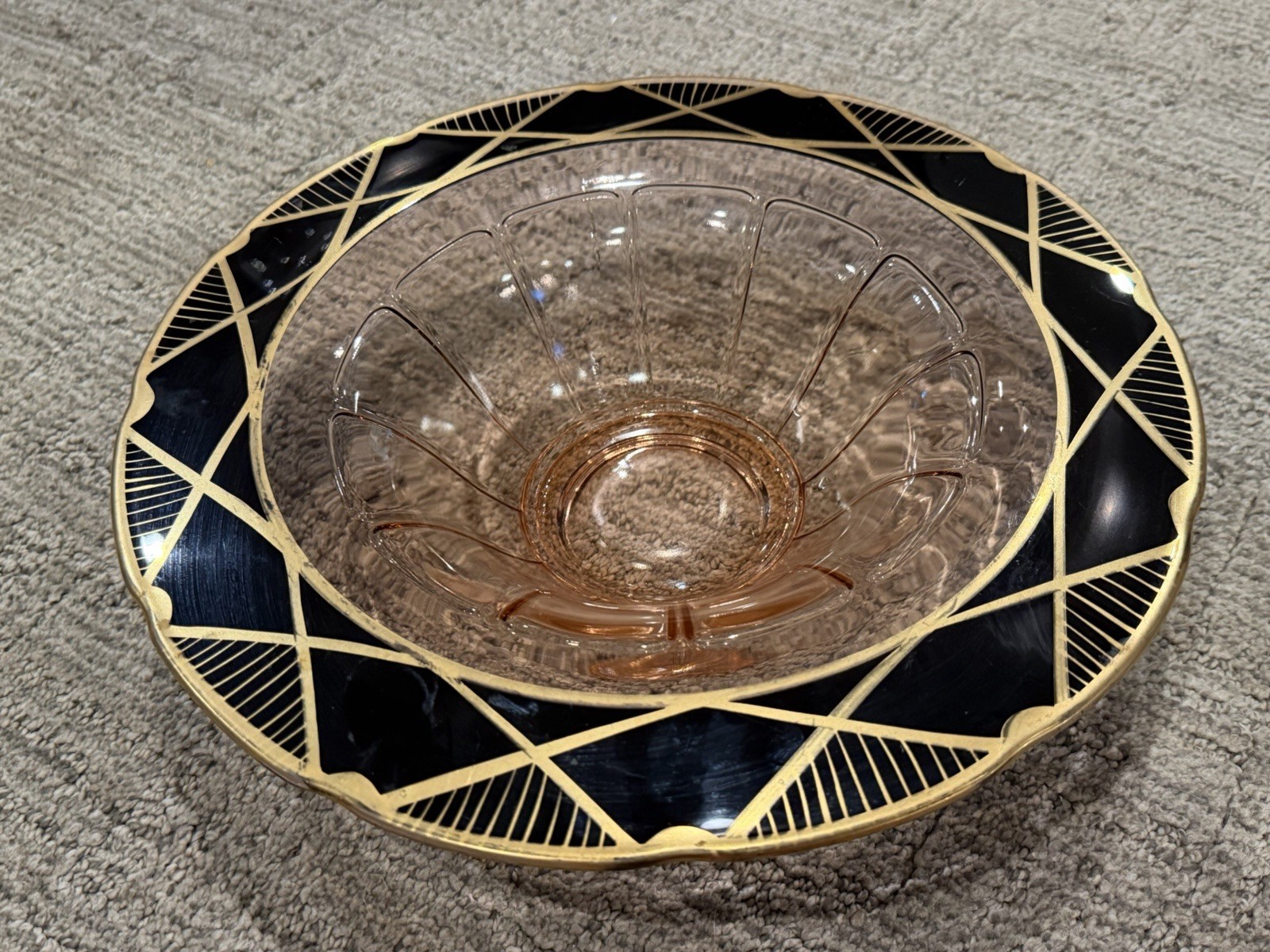 TIFFIN GLASS ART DECO PINK BLACK GOLD CENTERPIECE RUFFLE 12\