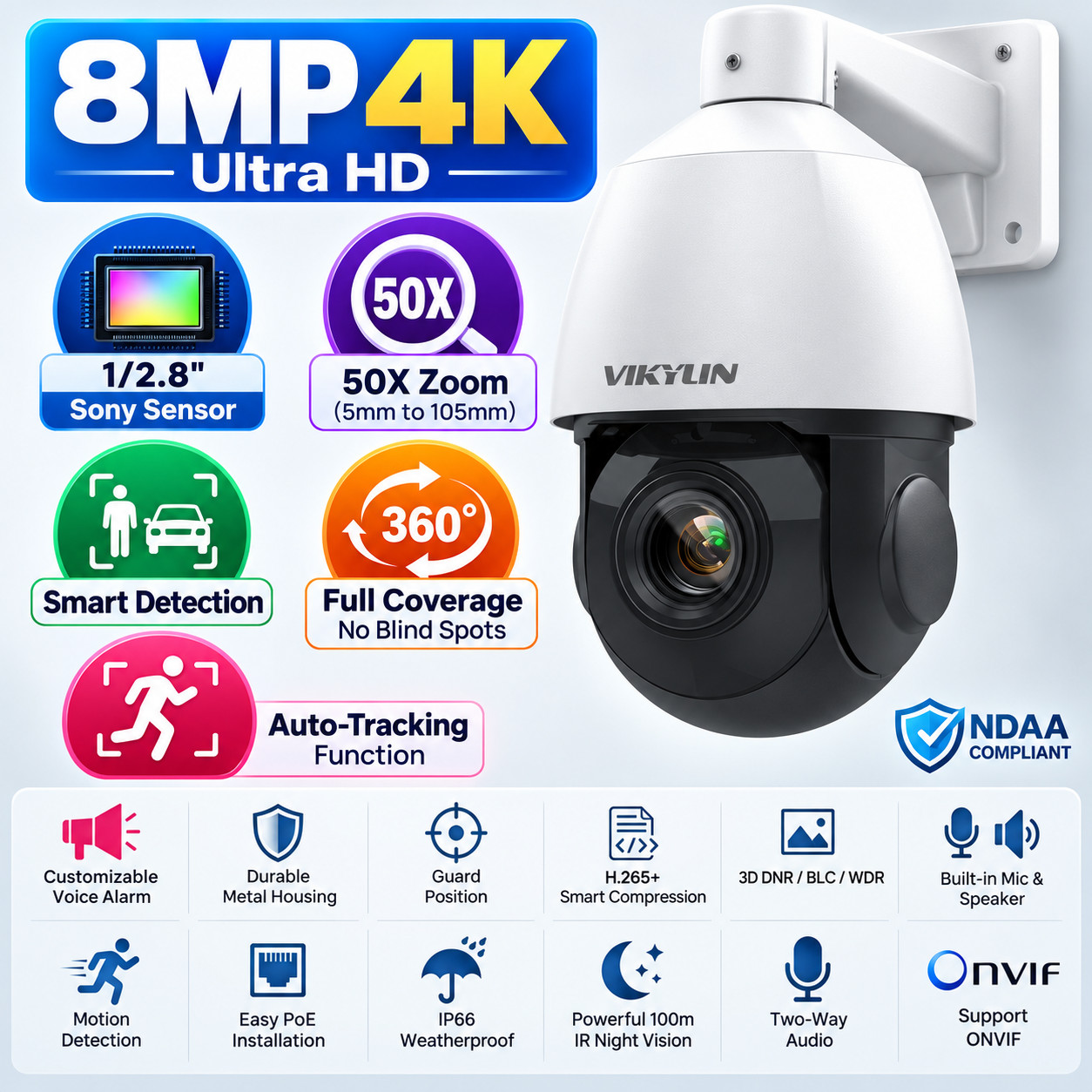 Vikylin 4K 8MP PoE PTZ IP Camera 50X Zoom Auto Track 1/2.8\