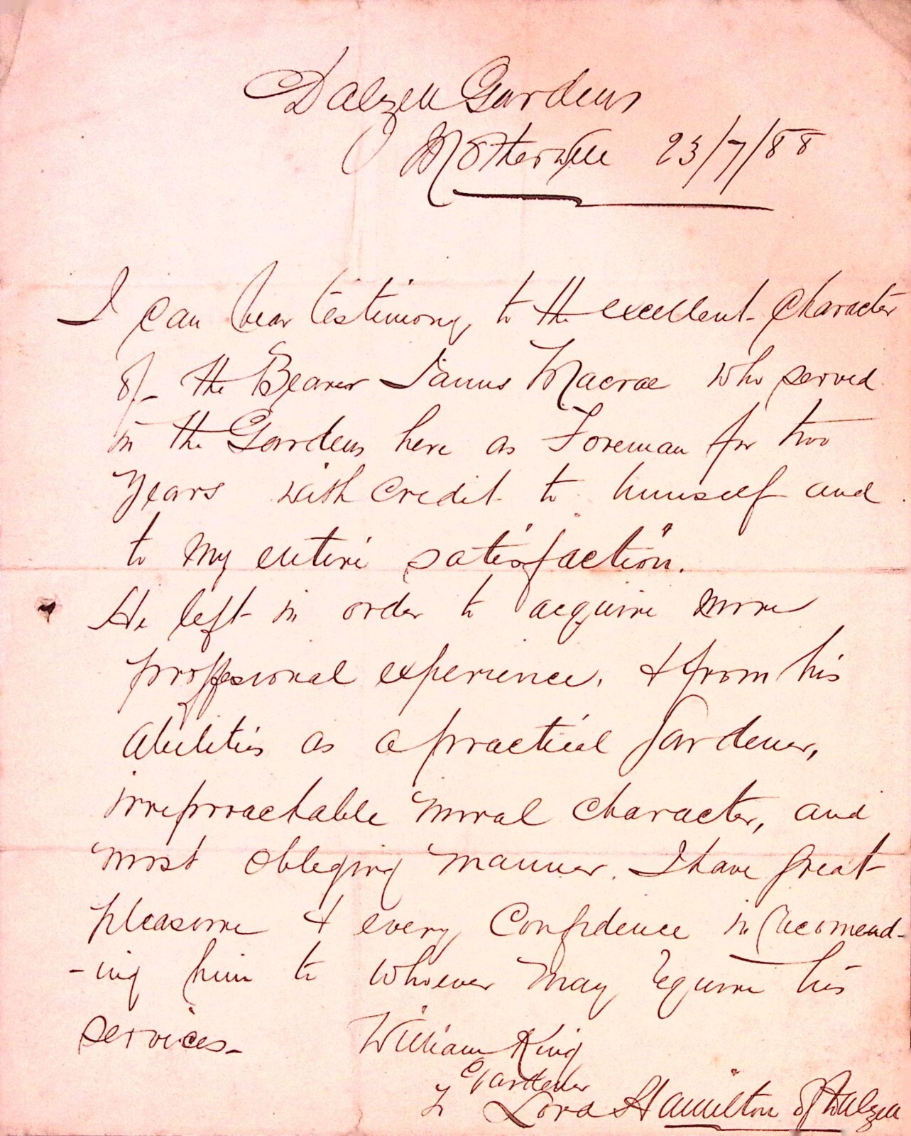 1888 Letter of Recommendation James Macrae Foreman Gardener Balzen Gardens 1888 Letter of Recommendation James Macrae Foreman Gardener Balzen Gardens