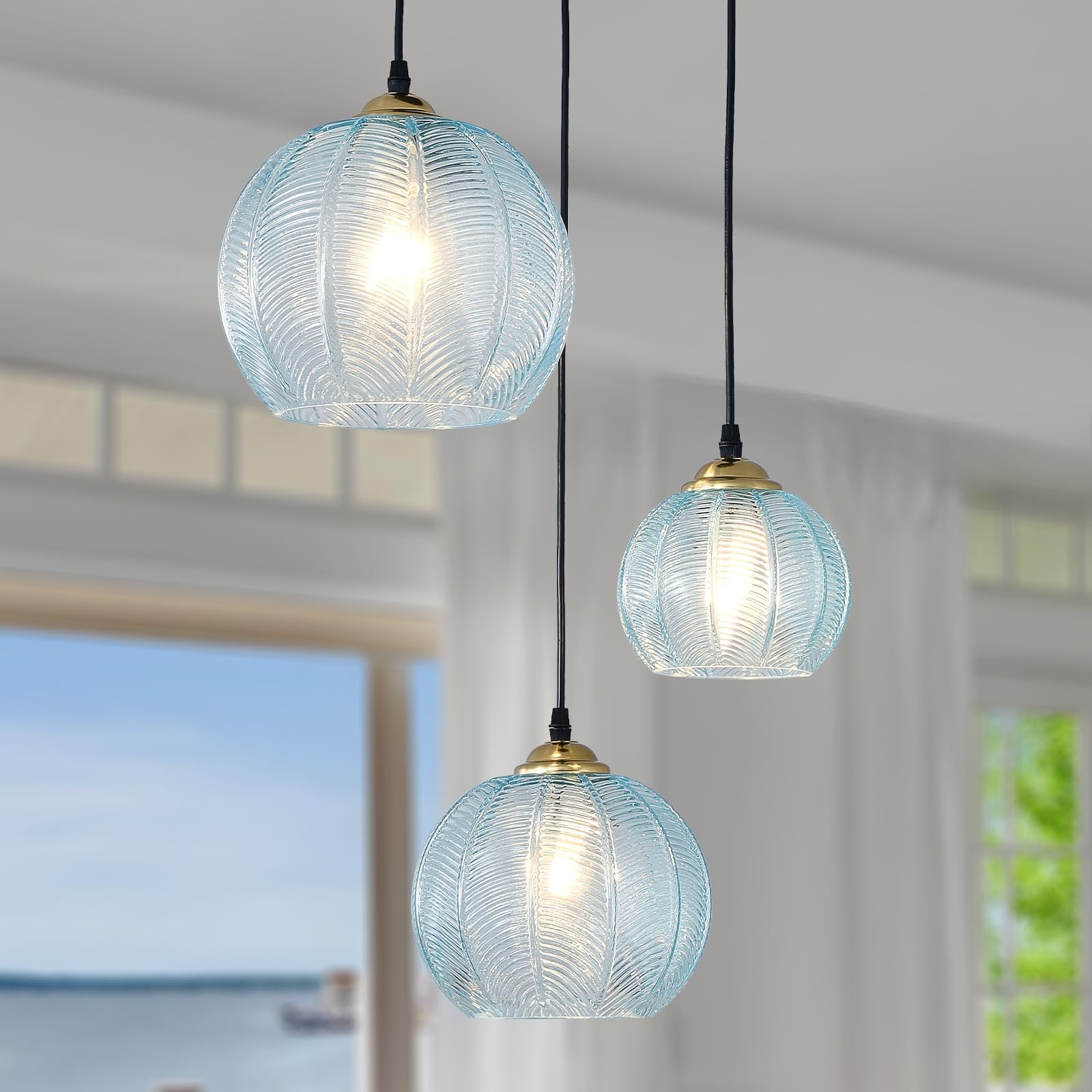 3-Light Blue Glass Pendant Lights Coastal Chandelier for 6