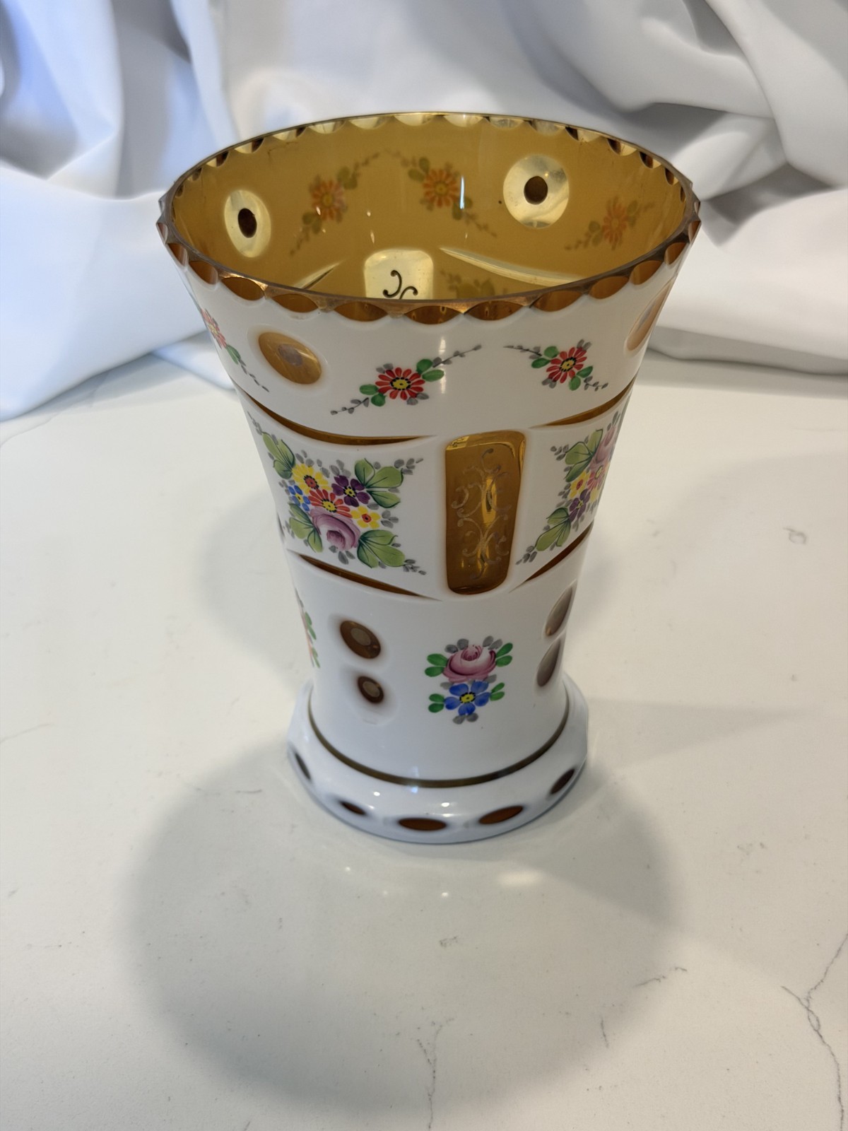 Vintage Bohemian Czech Style Opaline Glass Vase Hand Painted Floral Gold Gilt