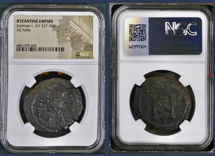 Large Byzantine Coin 527-565AD Justinian I Follis Genuine NGC Ancient Certified
