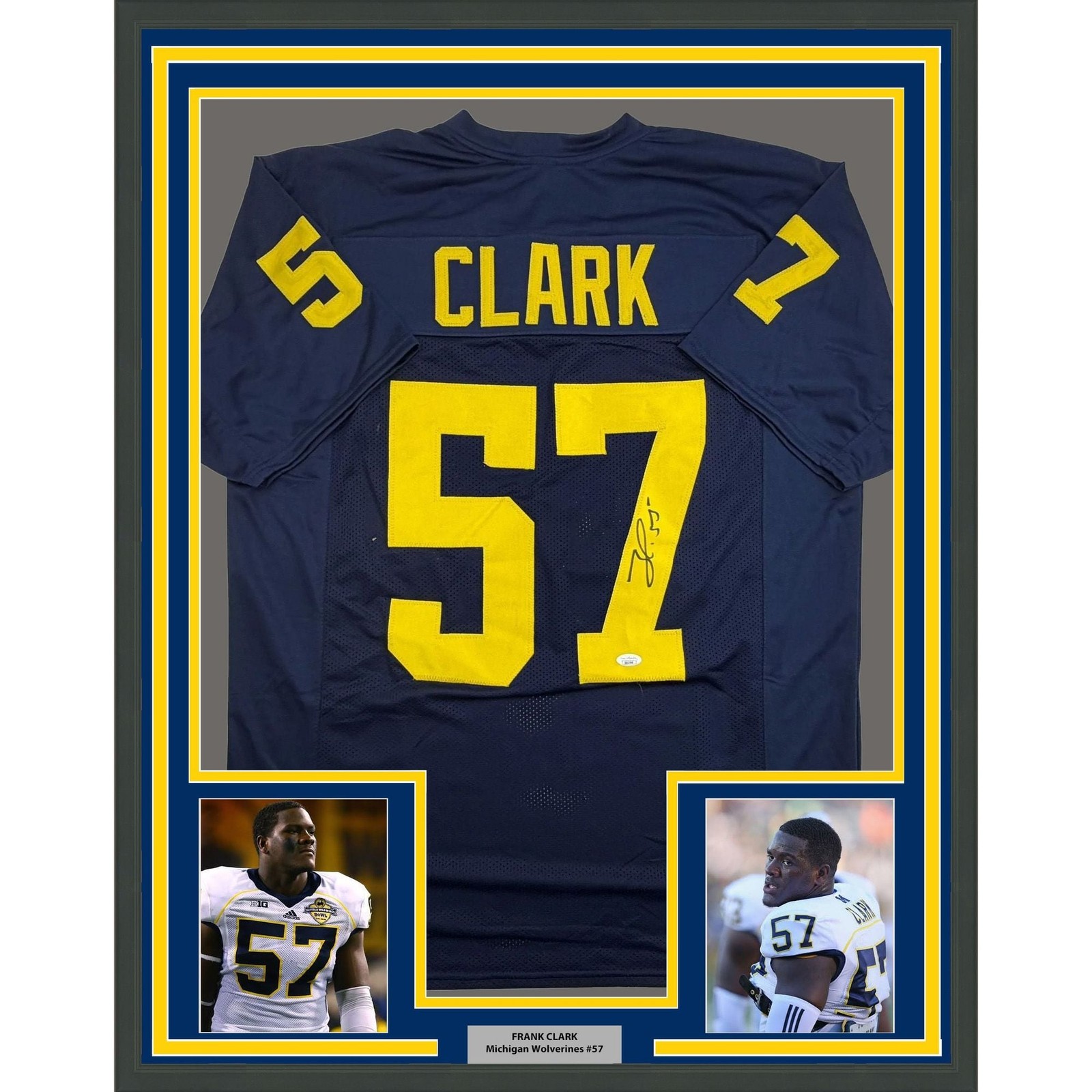 Framed Autographed/Signed Frank Clark 35x39 Michigan Blue Jersey JSA COA
