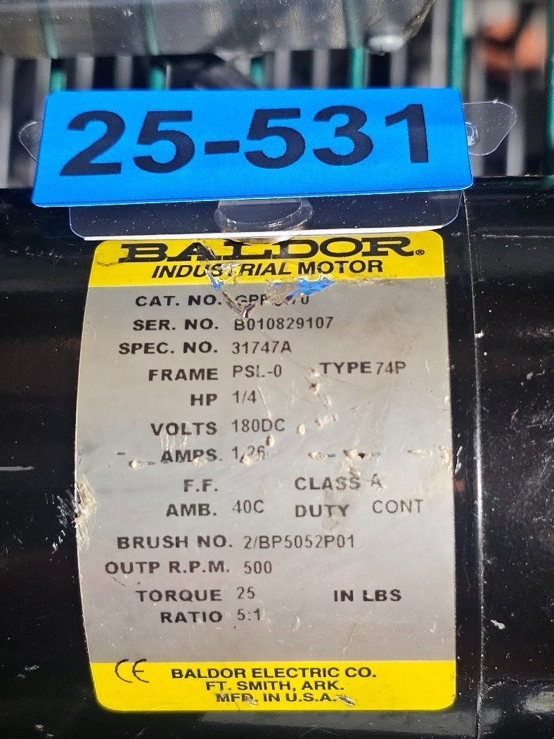 BALDOR GPP7470 MOTOR 1/4 HP 180 VDC 1.26 A 500 output RPM 25 in-lbs 5:1 USED