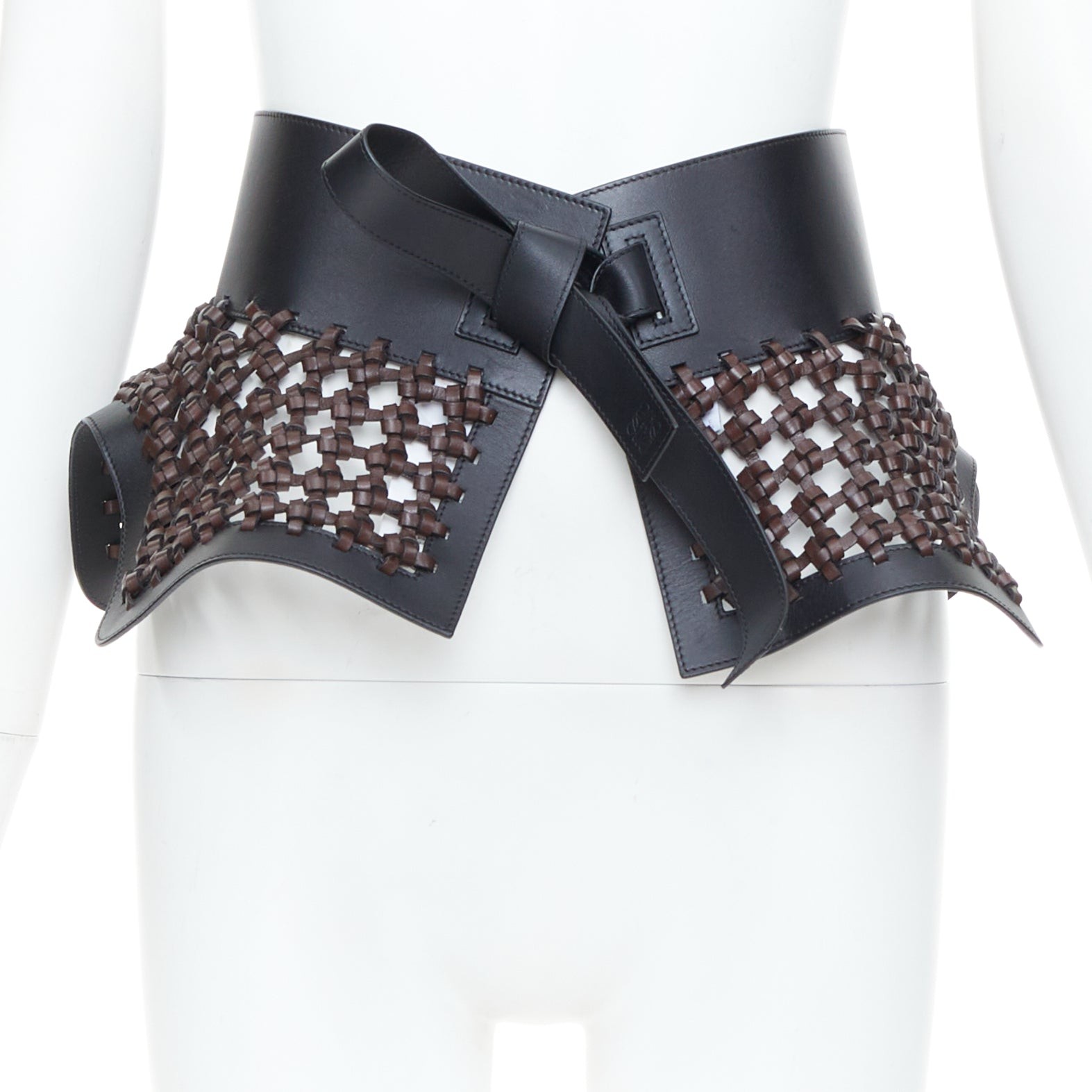 LOEWE JW Anderson black brown woven leather wide peplum Obi corset waist belt