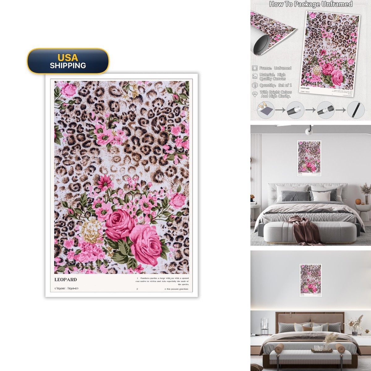 Vintage Abstract Leopard Animal Wall Art Pink Rose Flowers Botanical Canvas Vintage Abstract Leopard Animal Wall Art Pink Rose Flowers Botanical Canvas