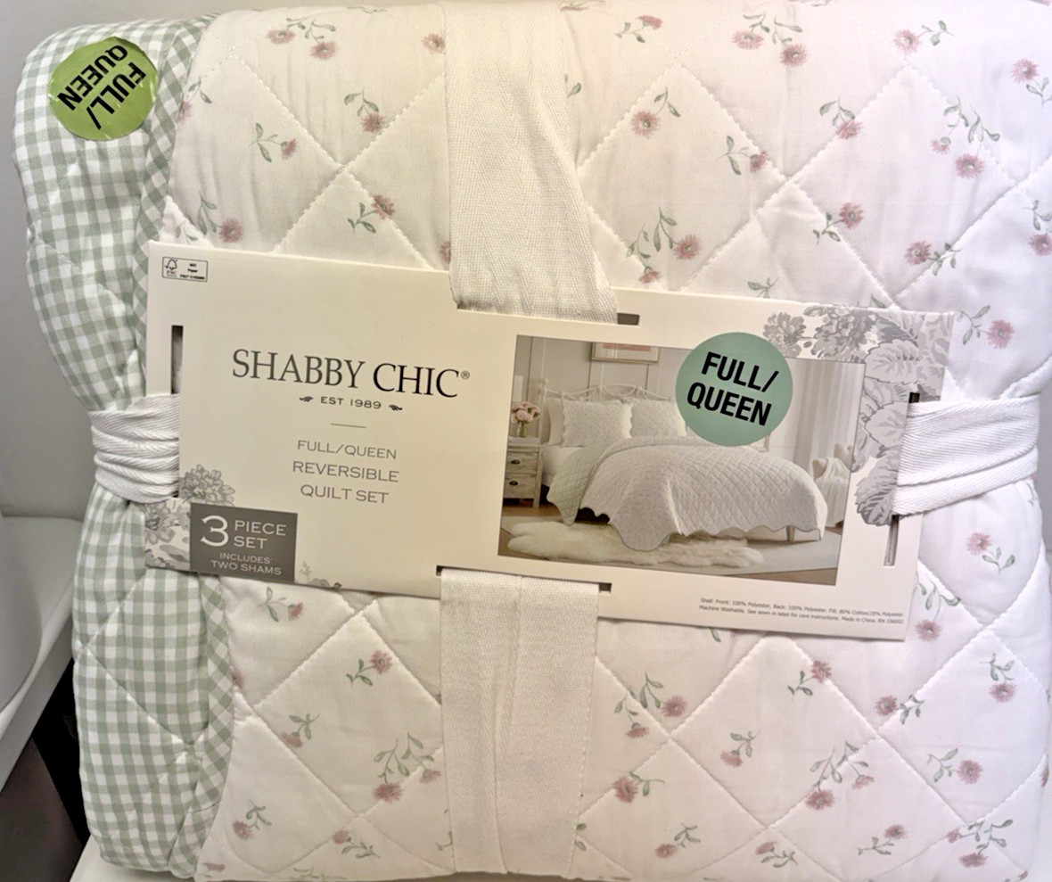 Shabby Chic | Full/Queen | Pink White Green | Reversible 3 Pc Quilt Set New