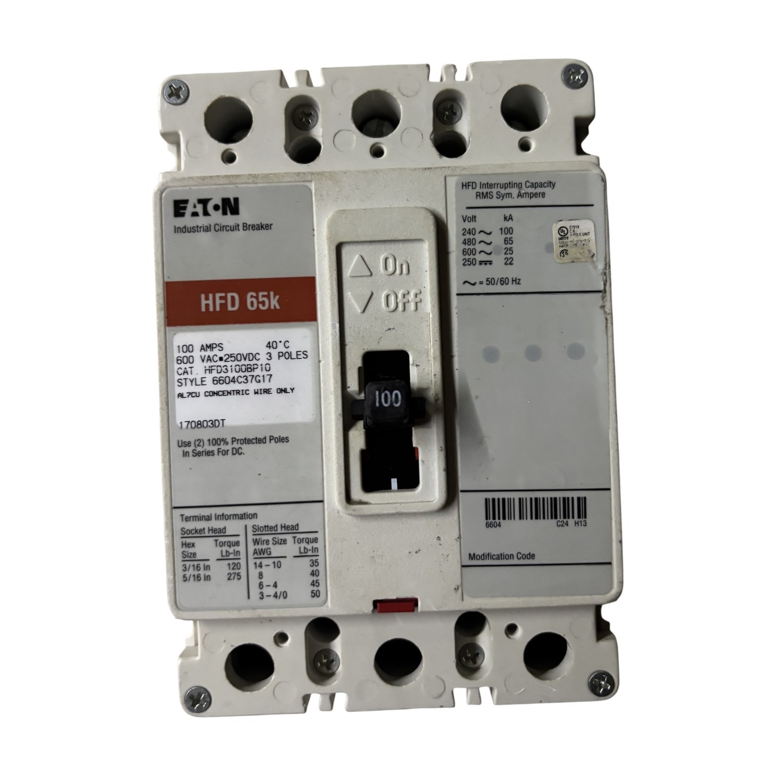 Eaton HFD3100BP10 100A 3-Pole 600V Industrial Circuit Breaker HFD 65k Eaton HFD3100BP10 100A 3-Pole 600V Industrial Circuit Breaker HFD 65k