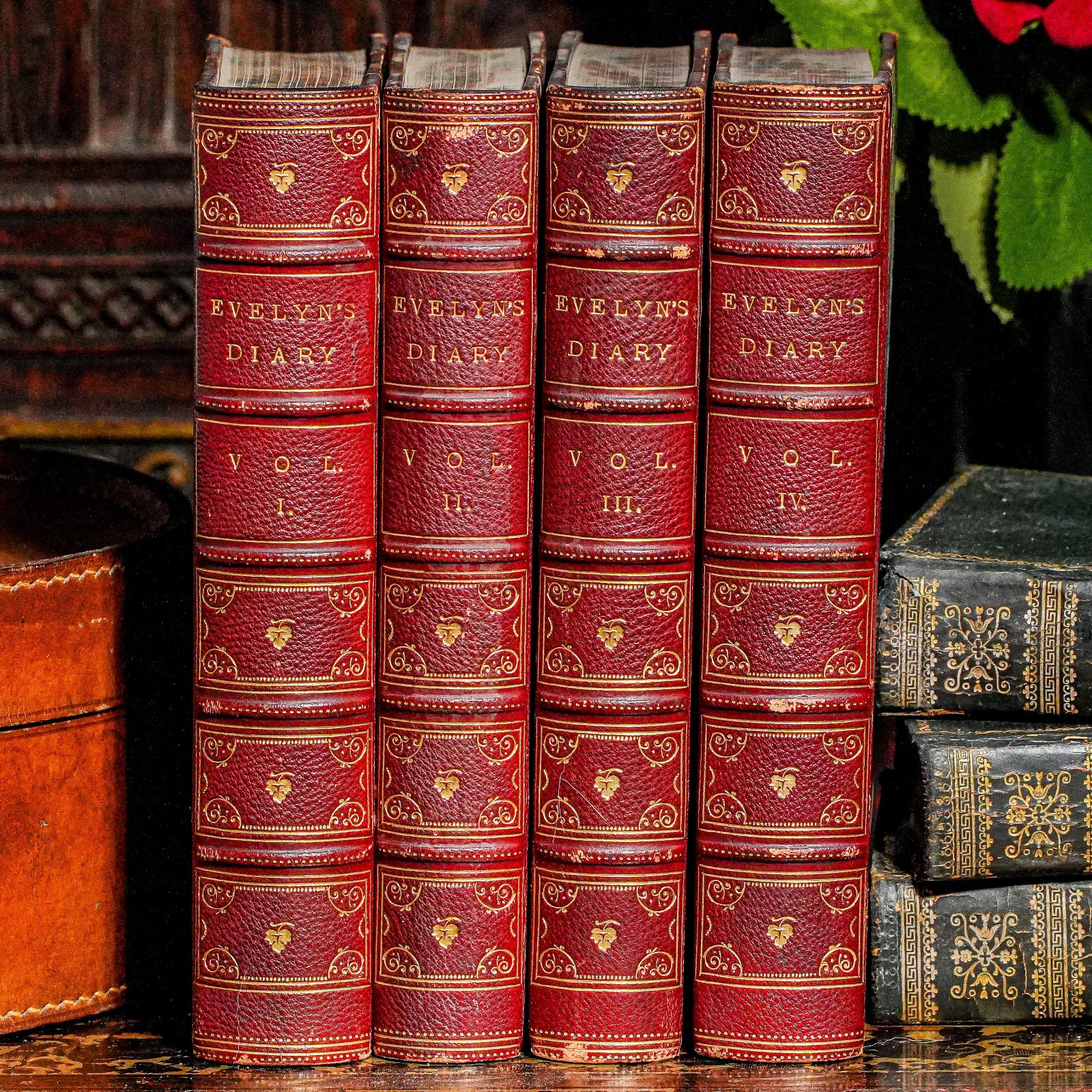 Beautiful Red Leather Spine Ornate Antique Victorian Books John Evelyn