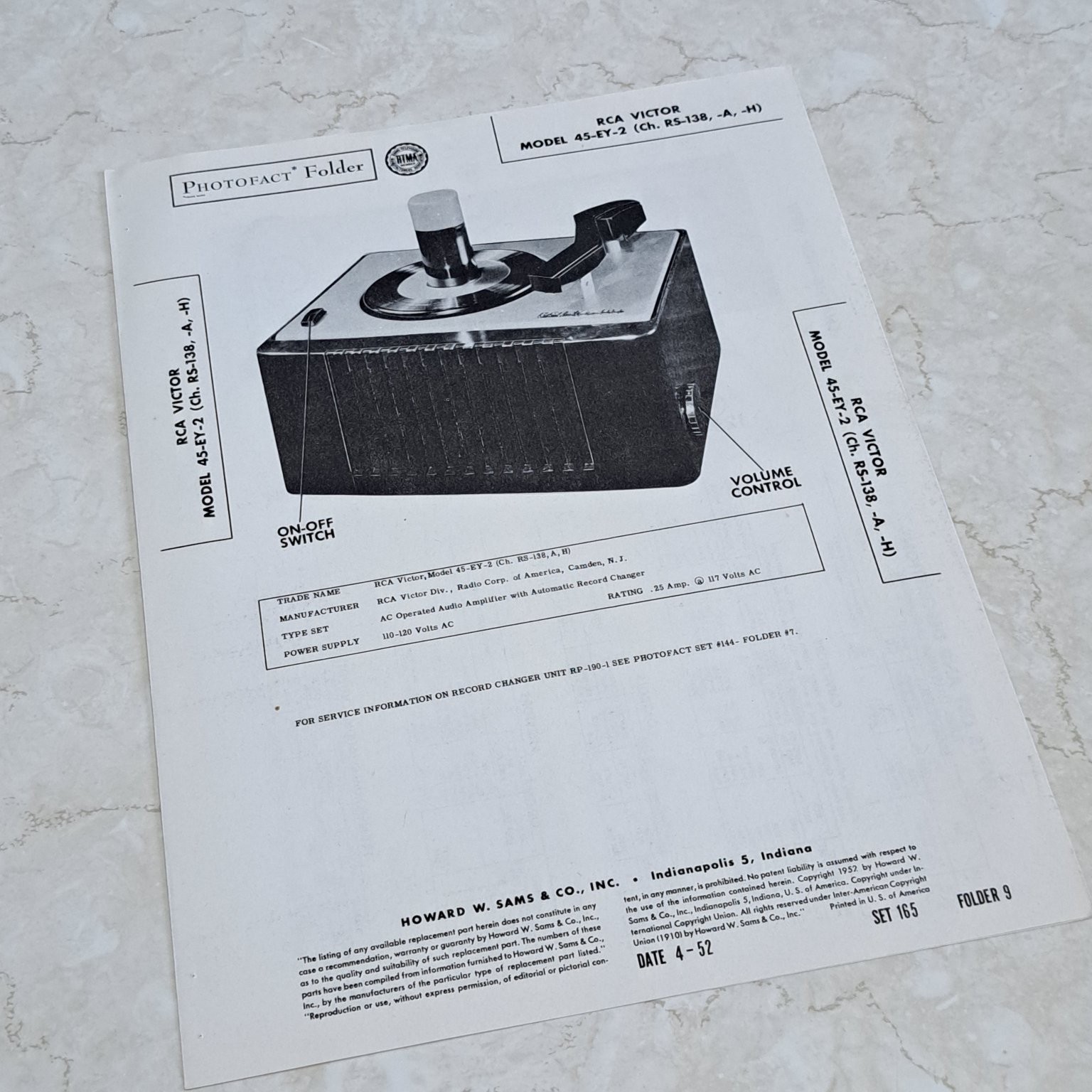 RCA Victor Manual 45-EY-2 Record Changer 1952 Photofact Folder Illustrated