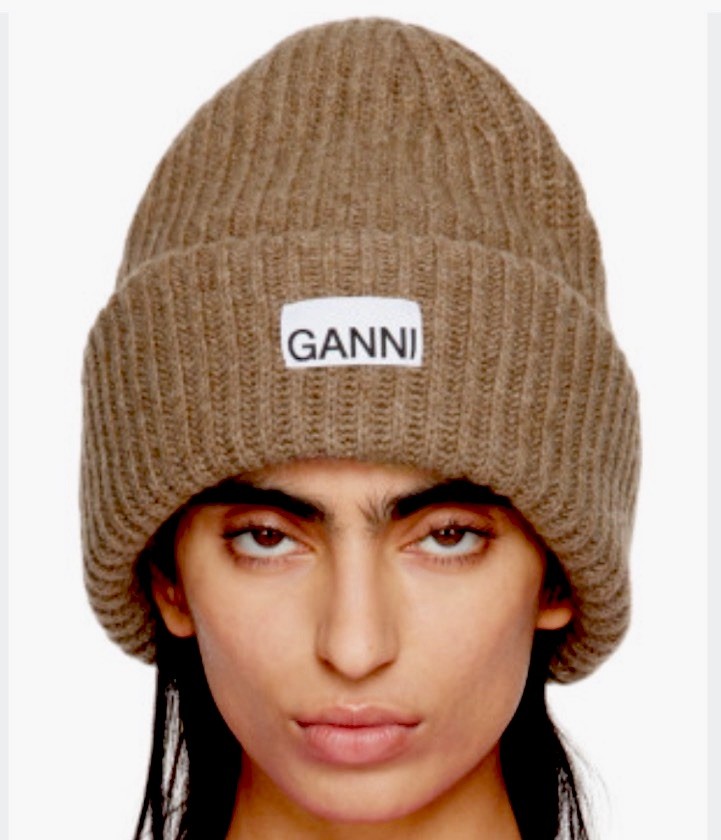 GANNI Designer Wool Rib Knit Beanie Tiger’s Eye Brown Tan Beige