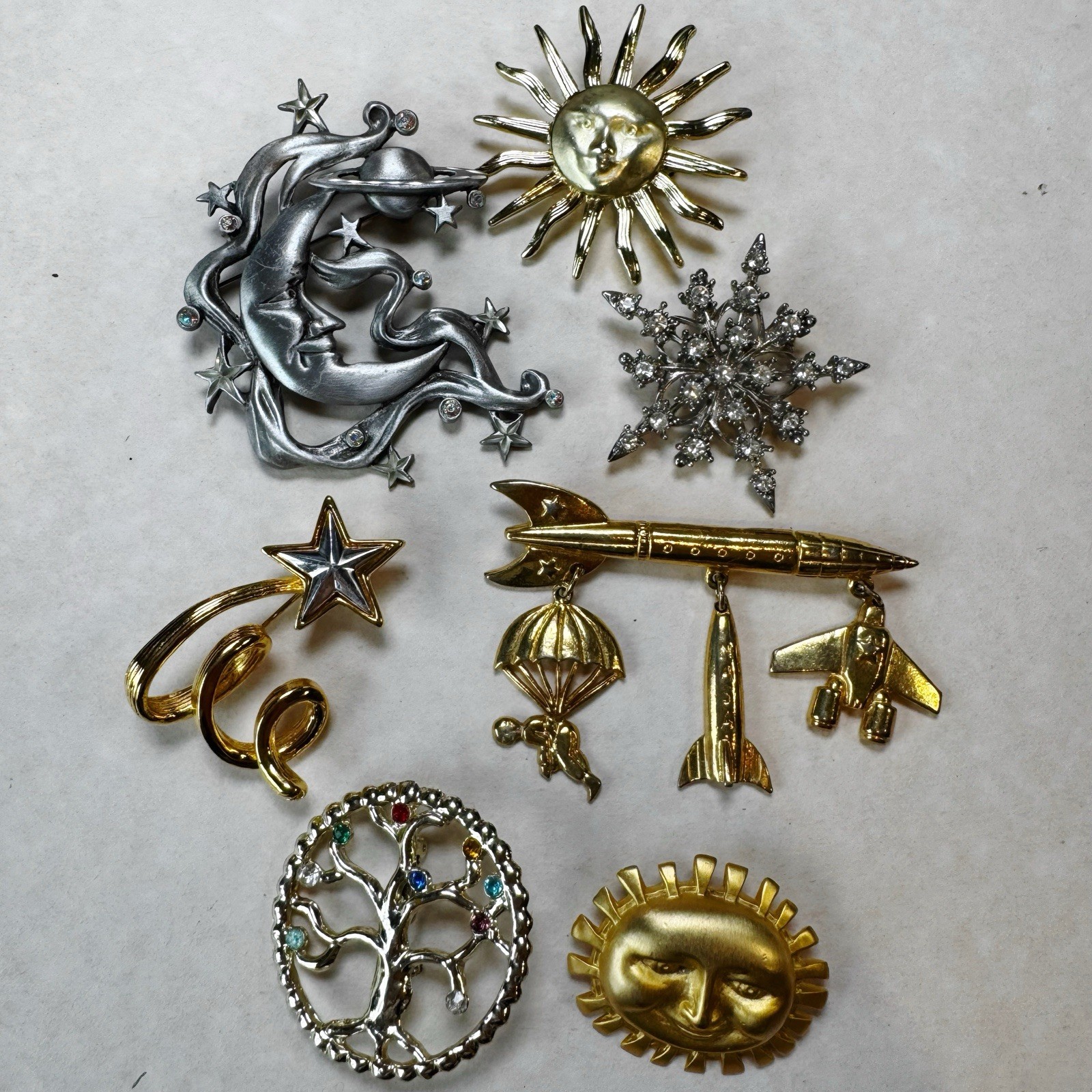 Vintage Celestial Brooch Lot 7pc JJ Moon V&A Sun Anne Klein Rocket Star Space
